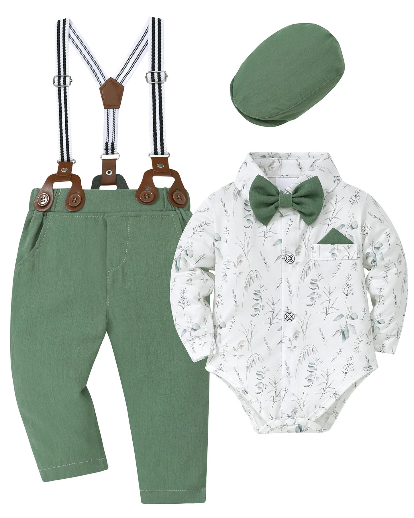 WESIDOM Baby Boy Clothes 0-18M Newborn Infant Gentleman Outfit, Shirt+Bowtie+Beret+Suspender Pant Baby boy Suit Clothing Set