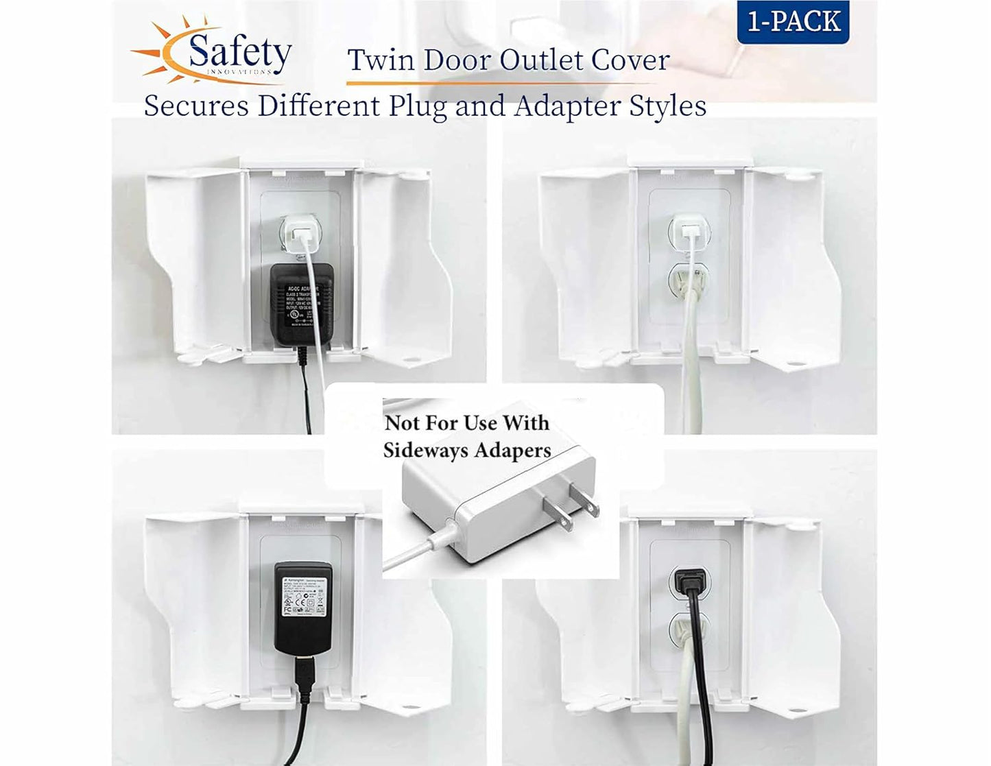 Safety Innovations Twin Door Baby Safety Outlet Cover Box for Babyproofing Outlets - More Interior Space for Extra Large Electrical Plugs and Adapters - Easy to Install - Easy to Use, (1-Pack)