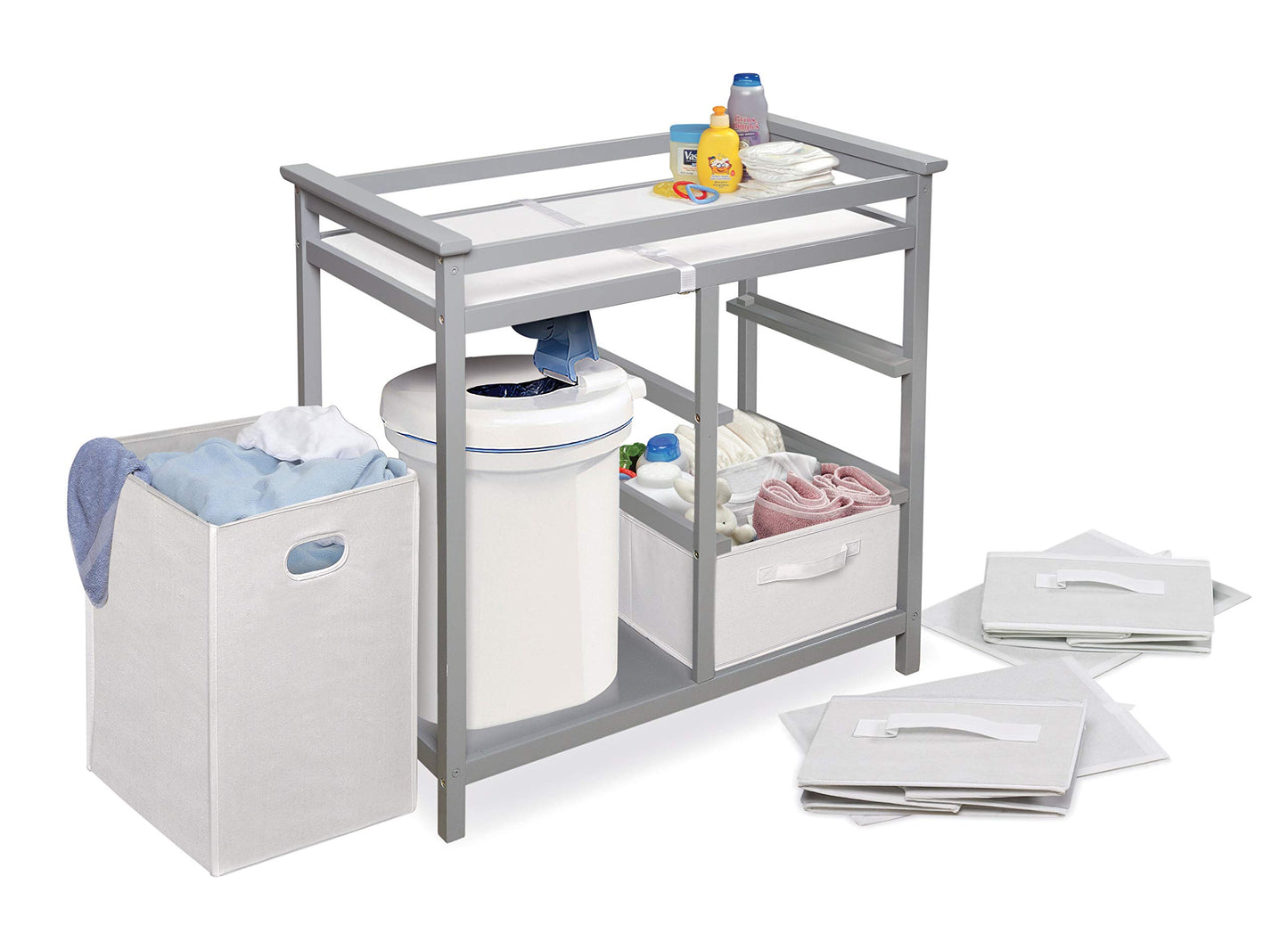 Badger Basket Modern Baby Changing Table - Portable Diaper Station with 3 Drawers Pad & Hamper - Storage Organizer for Baby Clothes, Diapers & Toys - Fresh White/White (34.25 x 20.75 x 34.5)