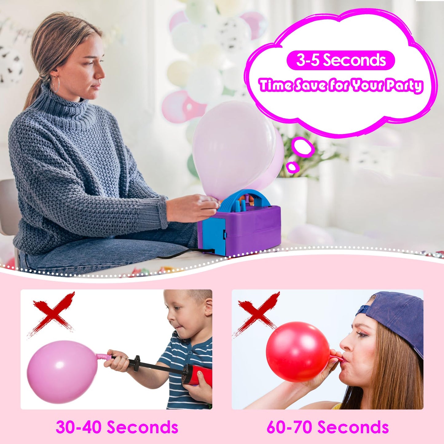 Balloon Pump Electric, Portable Automatic Dual Nozzle Inflator 110V 600W with Tying Tools for Birthday Gender Reveal Baby Shower Balloons Party Decorations