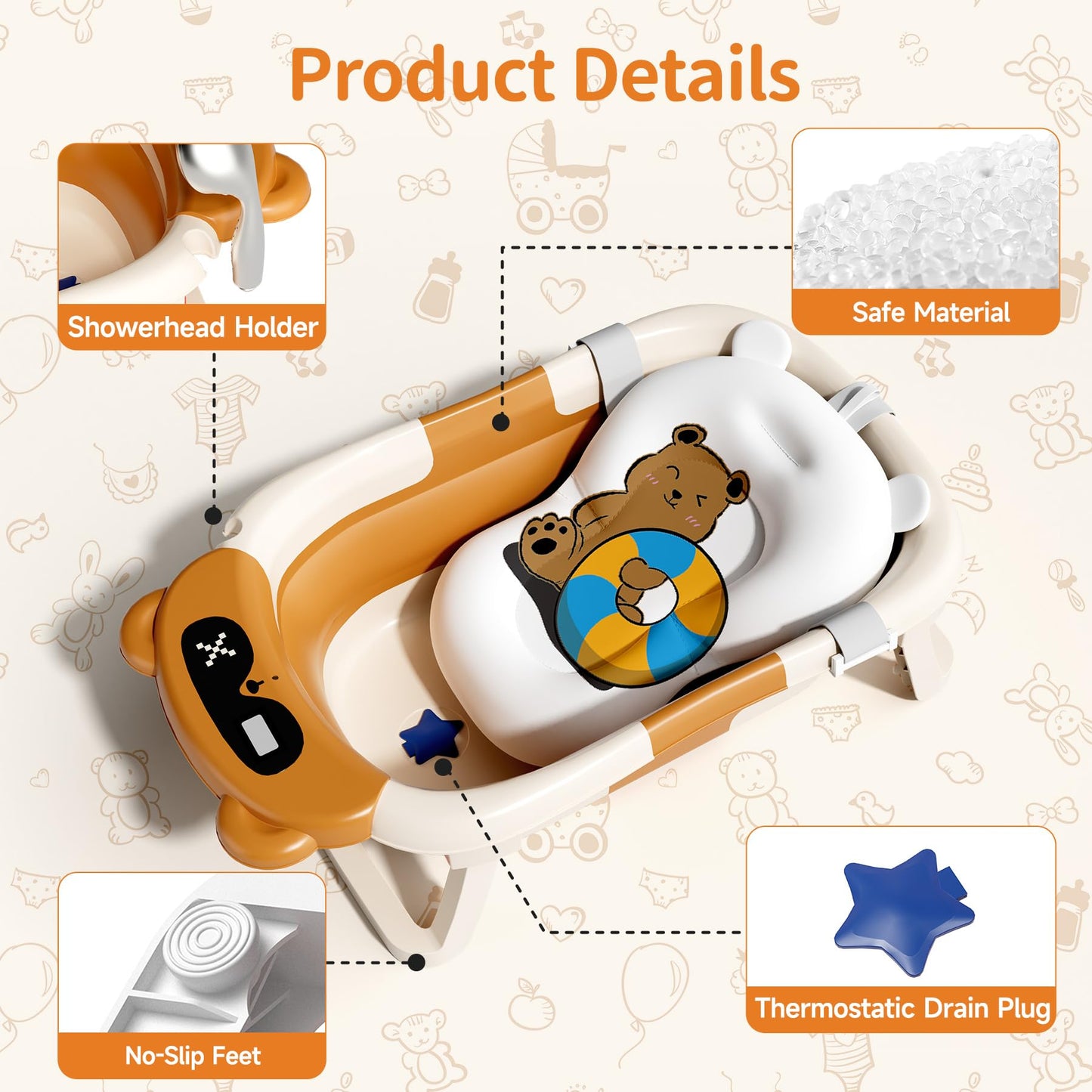 Collapsible Baby Bathtub for Newborn to Toddler (0-18 M) - Portable Baby Tub with Thermometer, Newborn Bathtub with Soft Towel and Floating Cushion (Brown)