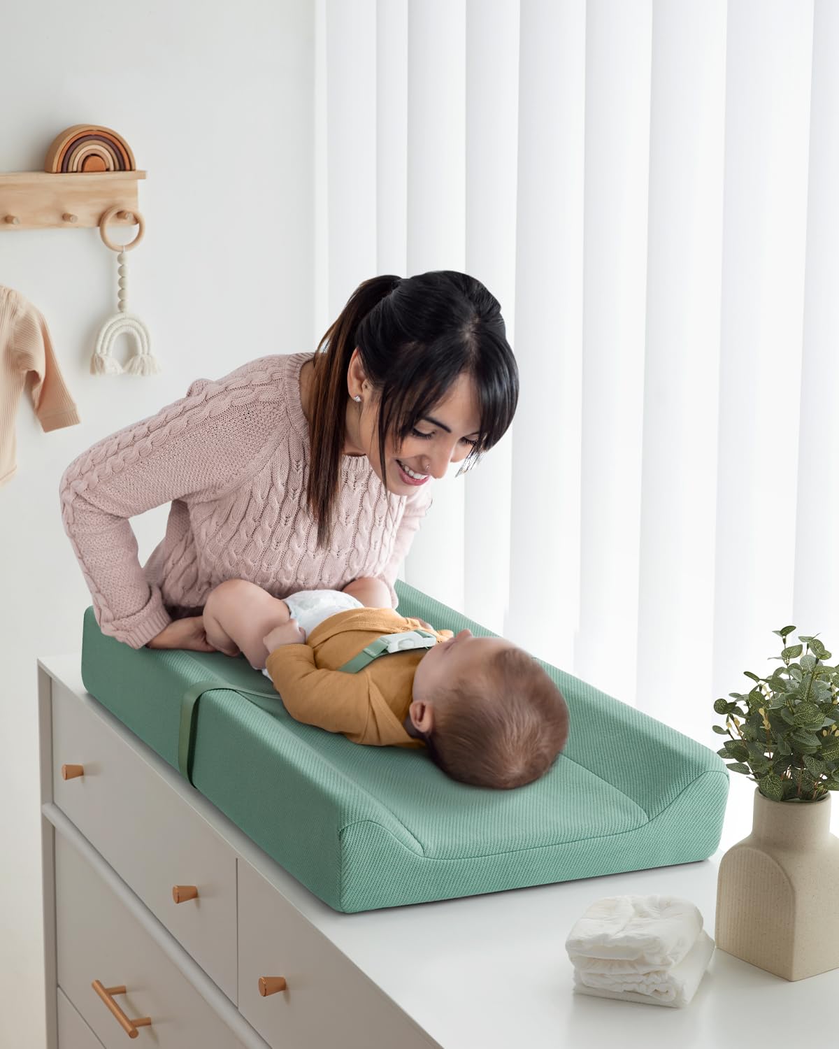 Blissful Diary Baby Changing Pad with Waterproof Lining Foam, Includes a Soft & Washable Cover, Contoured Changing Table Pads for Dresser Top with Non-Slip Bottom, 32”×16” (Grey, Avocado)