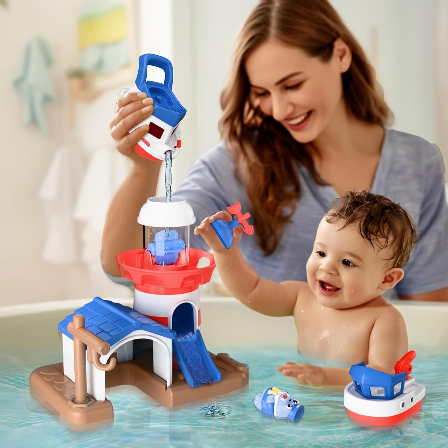 iPlay, iLearn Bath Toys for Toddlers 2-4, Kids Lighthouse Bathtub Shower Toy Set W/ Wind up Swimming Boats, Pool Floating Fish Baby Bathtime Water Play, Birthday Gift 18 Month, 3 5 6 Year Old Boy Girl