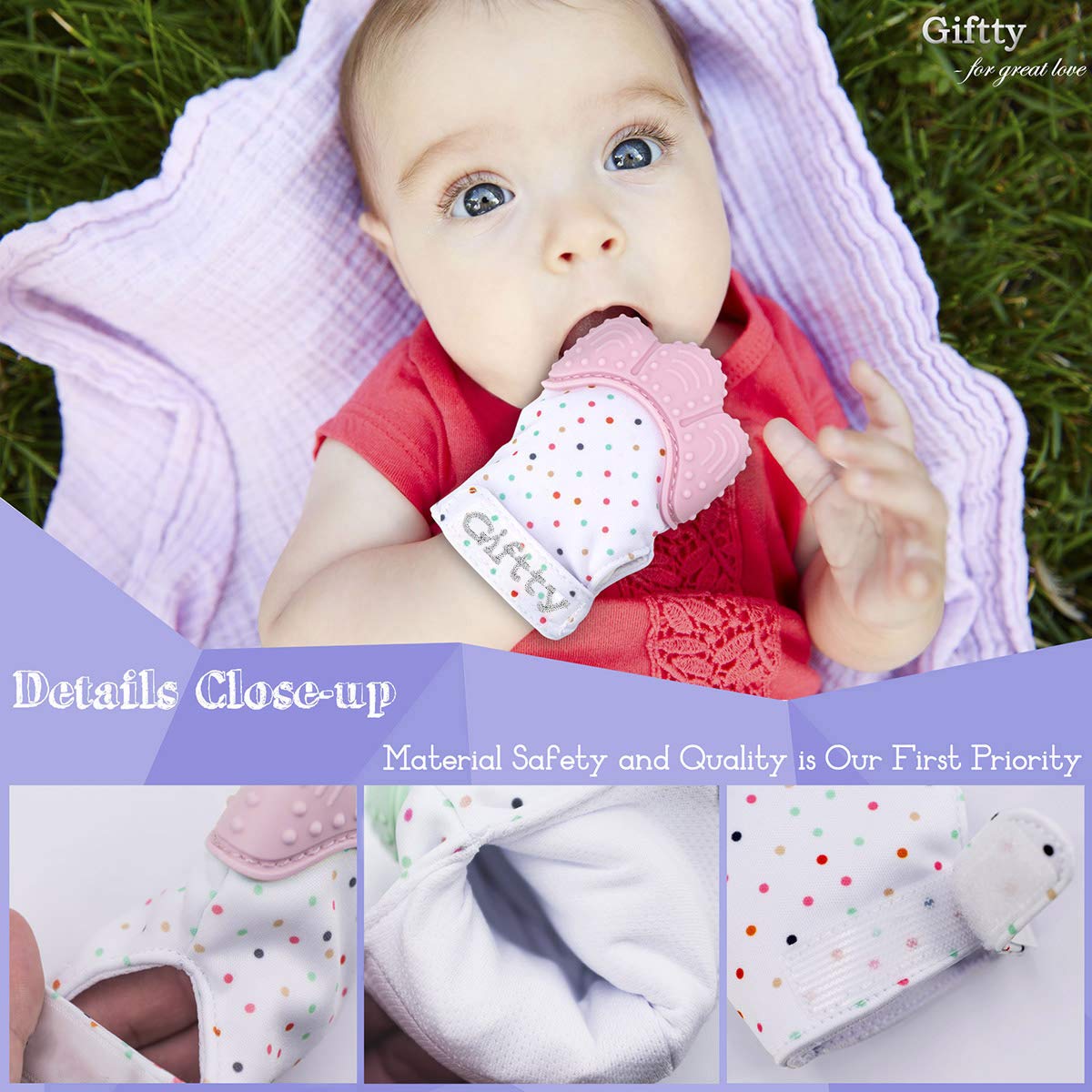 Giftty Baby Teething Mitten, Self-Soothing Teether Glove, Pain Relief Silicone Mitt, Double Breathable, Stay on Baby's Hand, Unisex for Babies 3-12 Months(2 Pink Mittens)