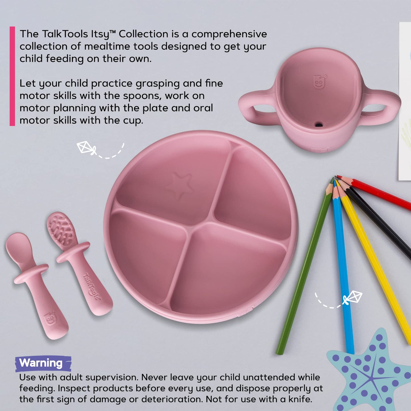 TalkTools ITSY Baby Utensil Set – Silicone Training Cup, Plate and Twin Spoon Pack for Toddlers| Infant First Food Self Feeding Silicone Training Set (Bubblegum)