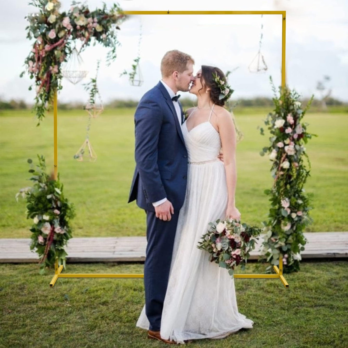 Wokceer Wedding Arch Backdrop Stand Square 6.6FTx6.6FT Gold Metal Balloon Arch Stand Garden Arbor Backdrop Frame for Wedding Birthday Party Baby Shower Photo Booth Background Decoration