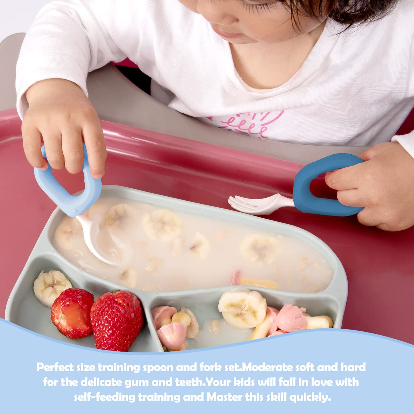 Baby Self Feeding Training Spoon and Fork Set with Travel Case, BPA-Free Cute Circle Toddler Training Utensils, Silicone/ABS Great Tableware Set Spoons Fork for Kids(Yellow)