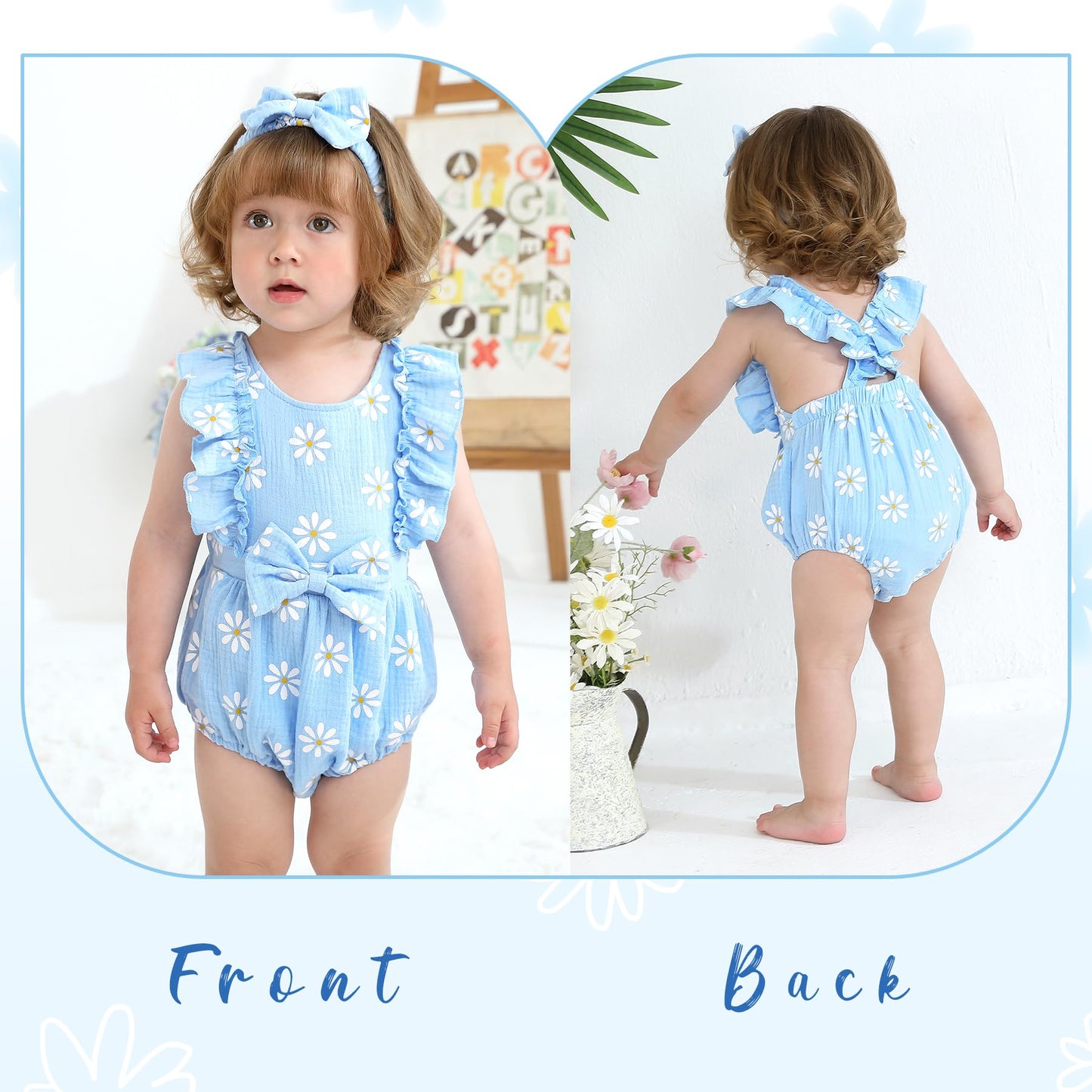YOUNGER TREE Newborn Baby Girl Clothes Ruffle Sleeve Rompers Infant Backless Floral Jumpsuit Summer Outfits with Headband