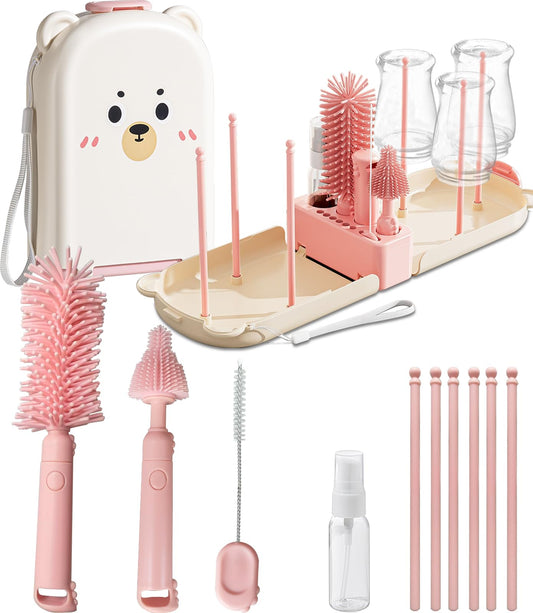 Travel Baby Bottle Cleaner Kit with Storage Case – 6-in-1 Compact Bottle Brush Set for Infant Feeding, Breast Pump Parts & On-The-Go Washing – Baby Travel Essentials for Flying (Green)