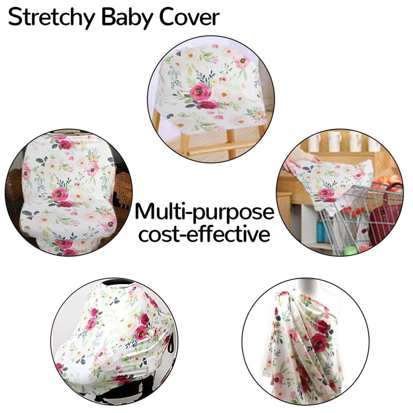 Nursing Cover Breastfeeding, Multi-use Baby CarSeat Cover Girls, Infant Stroller Car Seat Cover, Stretchy Carseat Canopy, Soft Breathable, Peony