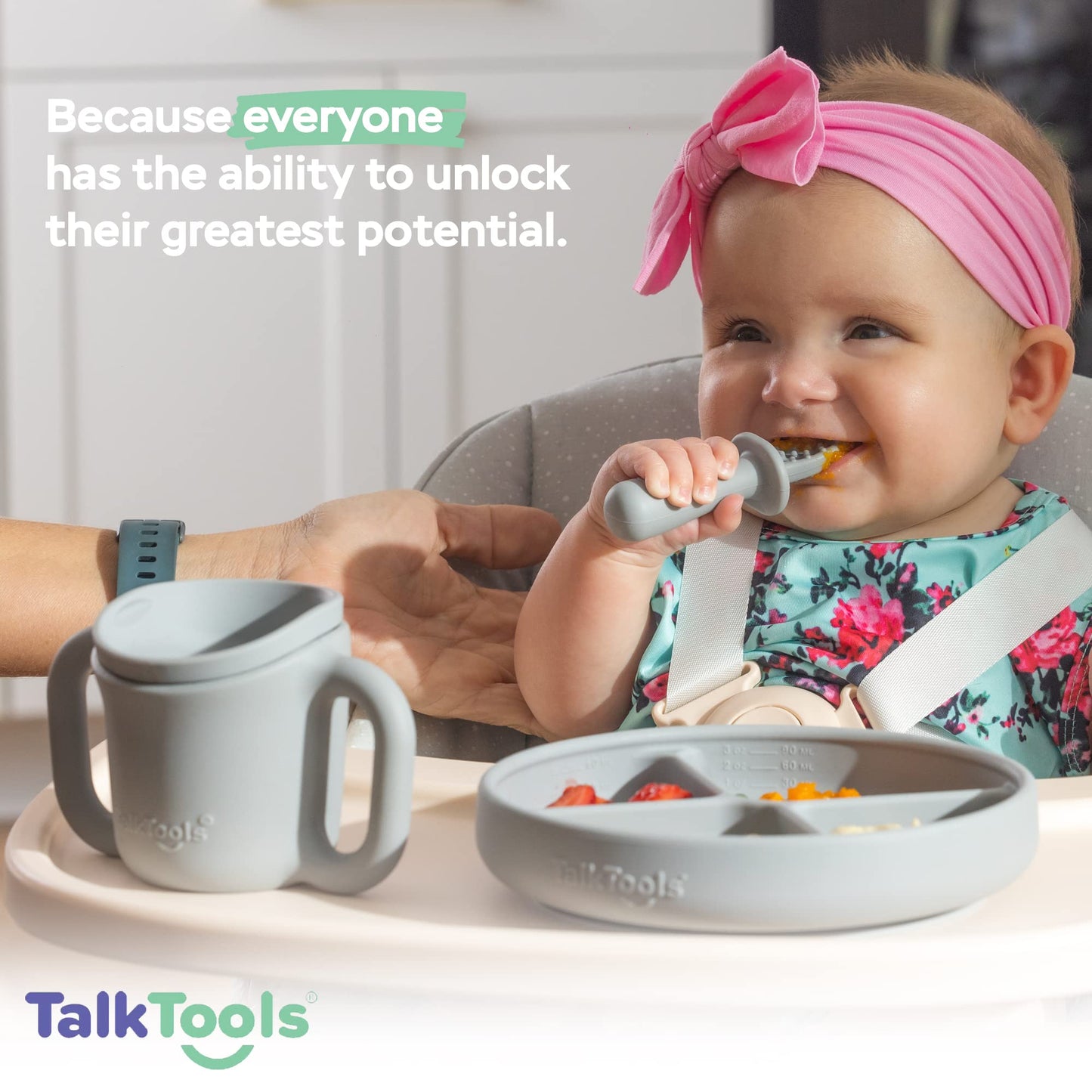 TalkTools ITSY Baby Utensil Set – Silicone Training Cup, Plate and Twin Spoon Pack for Toddlers| Infant First Food Self Feeding Silicone Training Set (Bubblegum)
