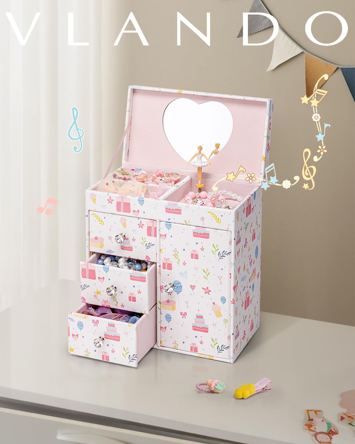 Vlando Musical Jewelry Box for Girls, Large Kid Music Box with Ballerina for Birthday Bedroom Decor, 4 Layer Girl Jewelry Gifts for Girls Kids - Light Pink