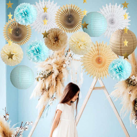 Blue and Brown Party Decorations Light Blue and Brown Baby Shower Decorations White Paper Fans Cream Pom Poms for Engagement Party Decorations Blue and Brown Birthday Wedding Room Decorations
