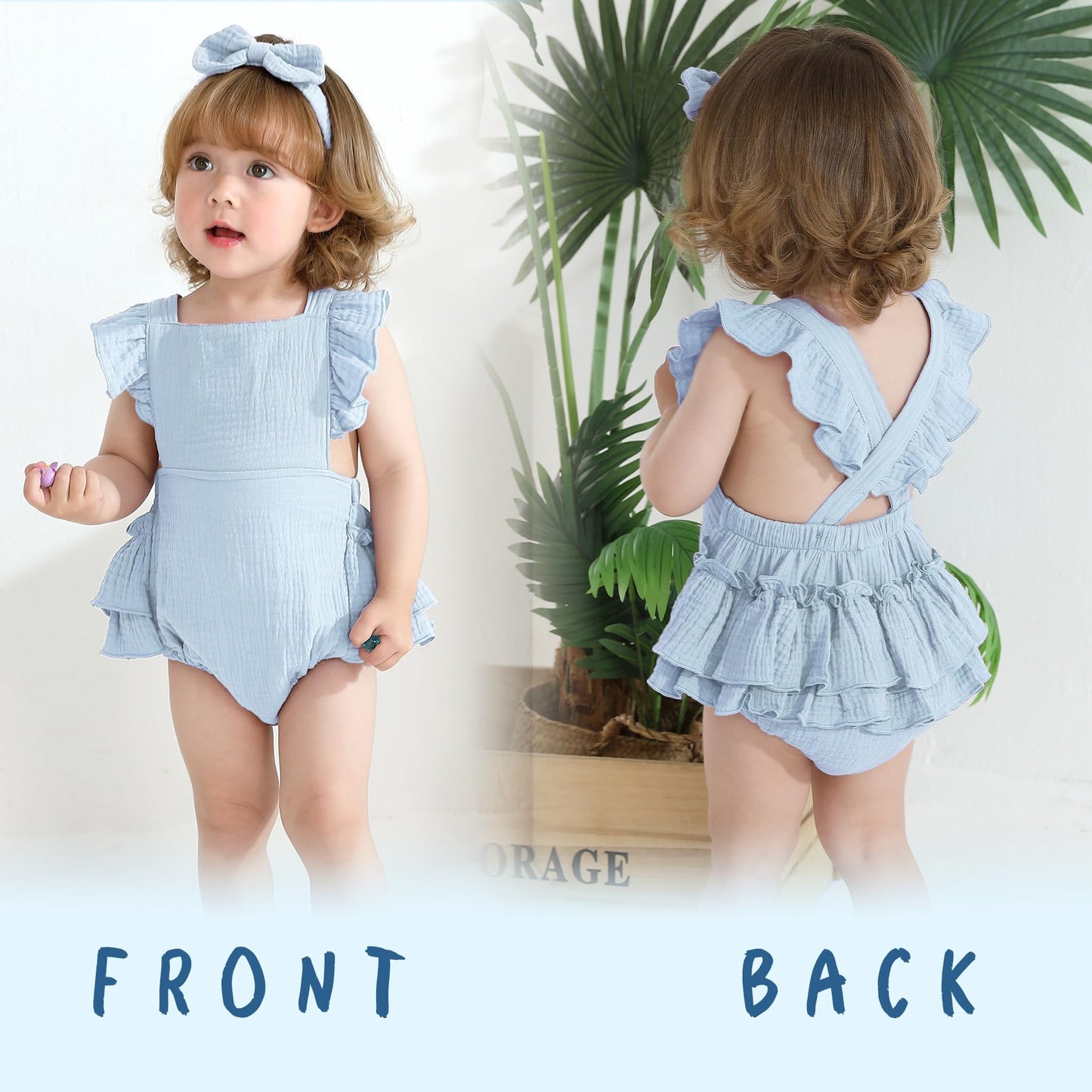 Happy Town Baby Girl Clothes Toddler Summer Linen Romper Sleeveless Ruffle Outfits Infant Girls Jumpsuit with Headband