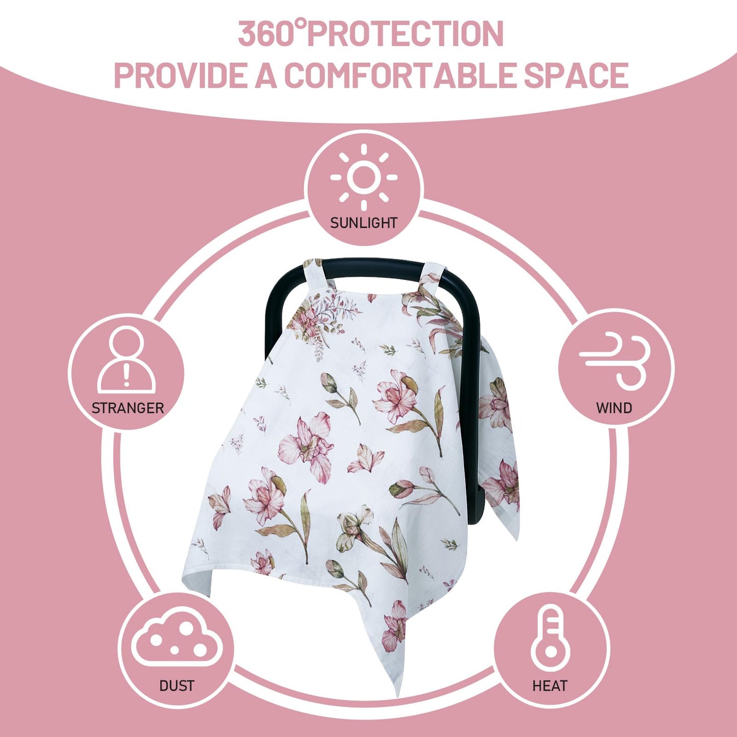 100% Muslin Summer Baby Car Seat Cover, Universal Fit Infant Car Seat Canopy, Breathable & Lightweight Sun, Weather Protection for Boys & Girls