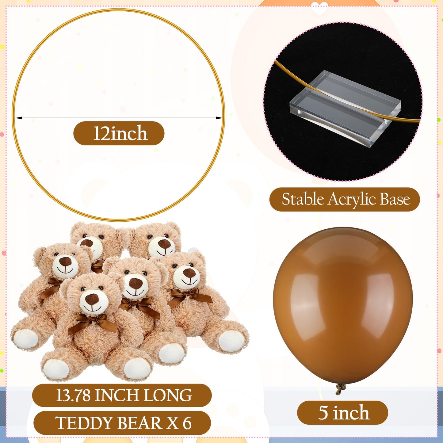 6 Sets Bear Baby Shower Table Centerpieces Bear Stuffed Animals 12 Inch Metal Floral Hoop with Stand Balloon for Wedding Baby Shower Birthday Flowers Table Decorations(Brown)