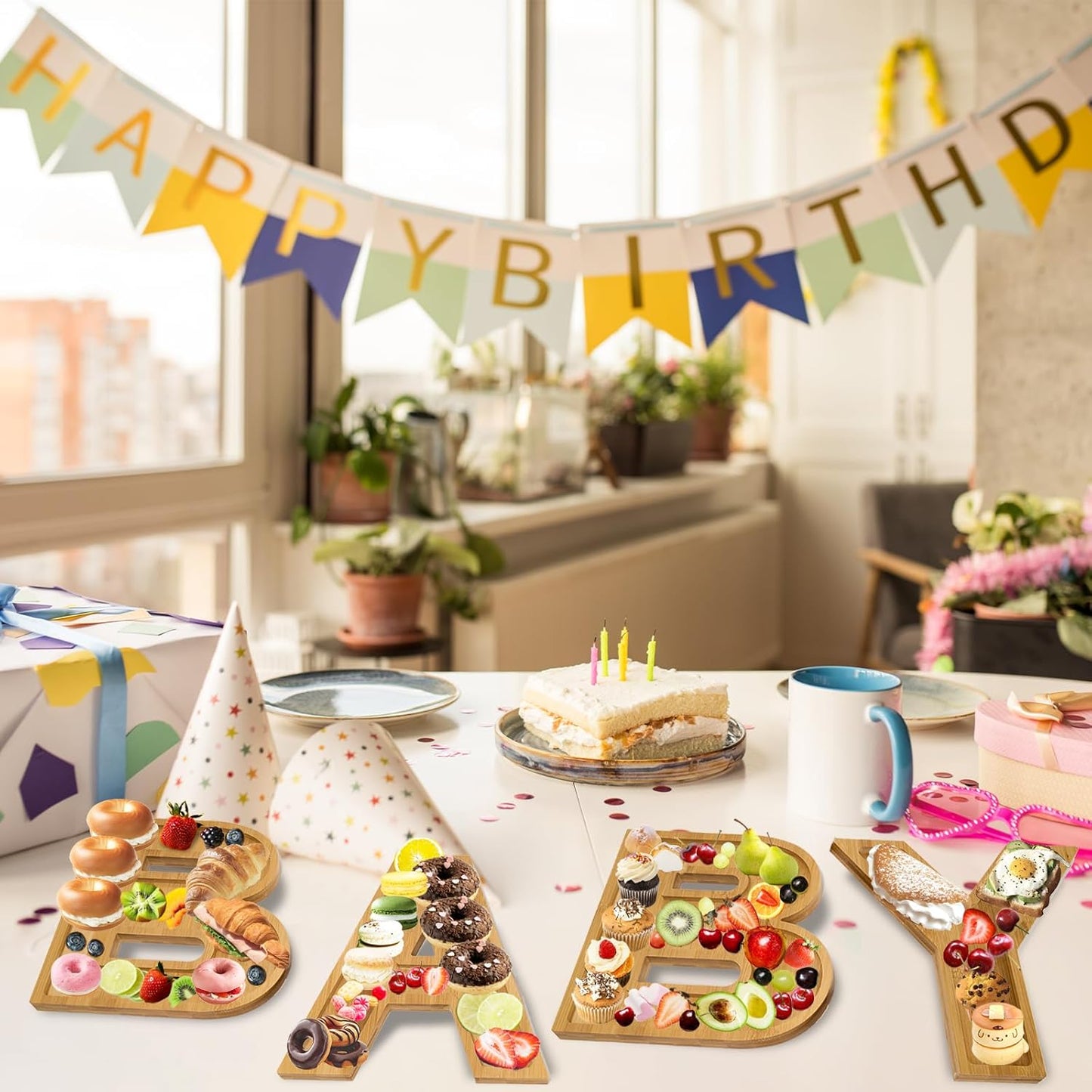 4 Pcs Wood Baby Charcuterie Board Letters, Wooden BABY Letters for Baby Shower, Birthday, Party Food Display Decorations