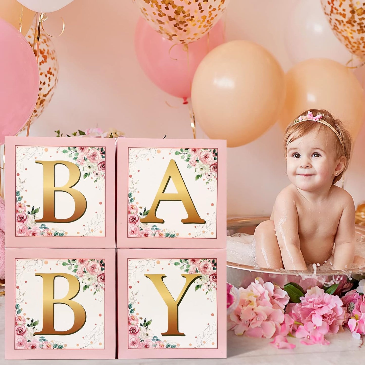 Sabary Baby Boxes with Letters Rustic Floral Pink Baby Shower Backdrop Blocks Box Birthday Party Gender Reveal Photo Props for Girl Boy Shower Decorations(Sweet Baby)