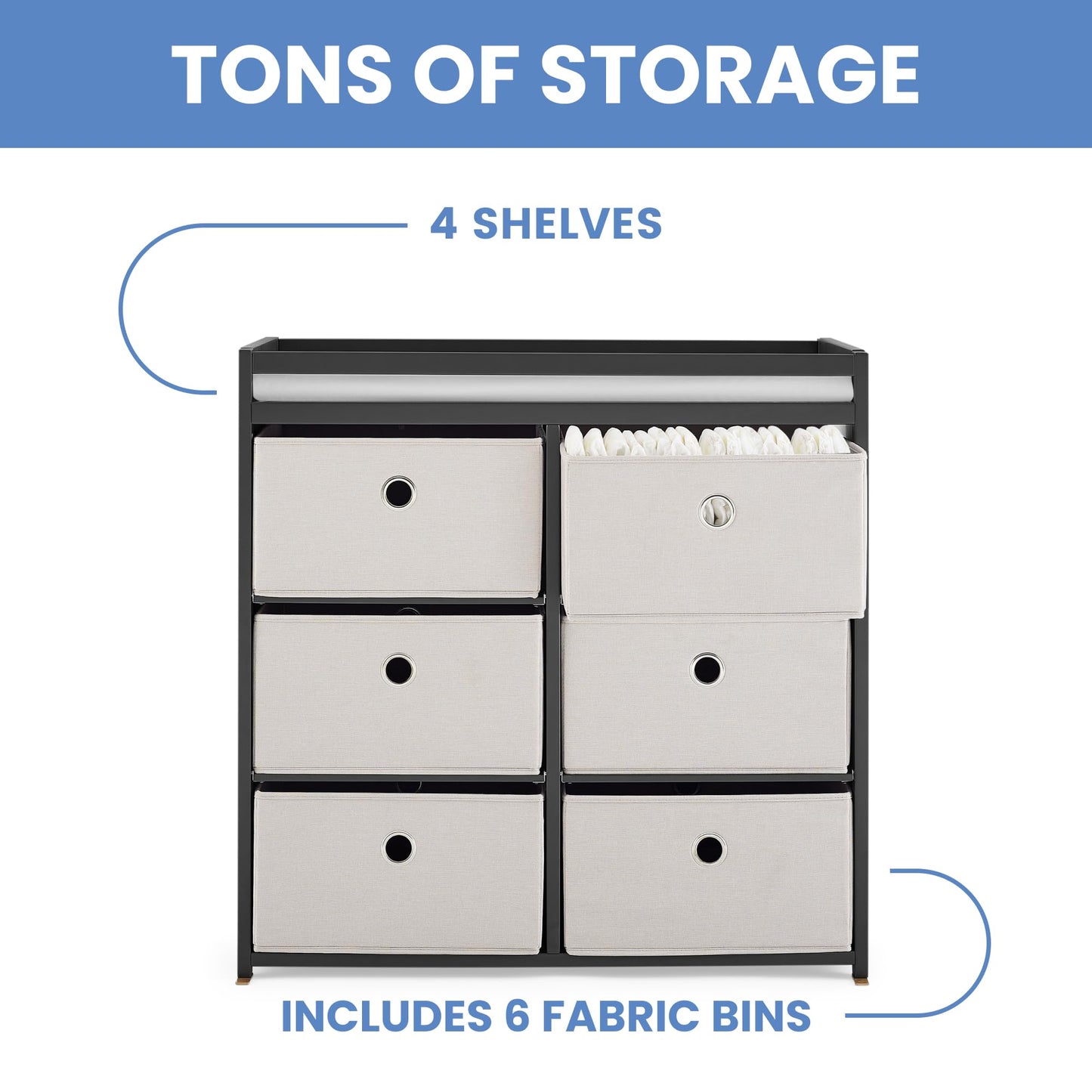 Delta Children Hayes Changing Table and Dresser for Bedroom with 6 Fabric Drawers, Charcoal Grey/Flax