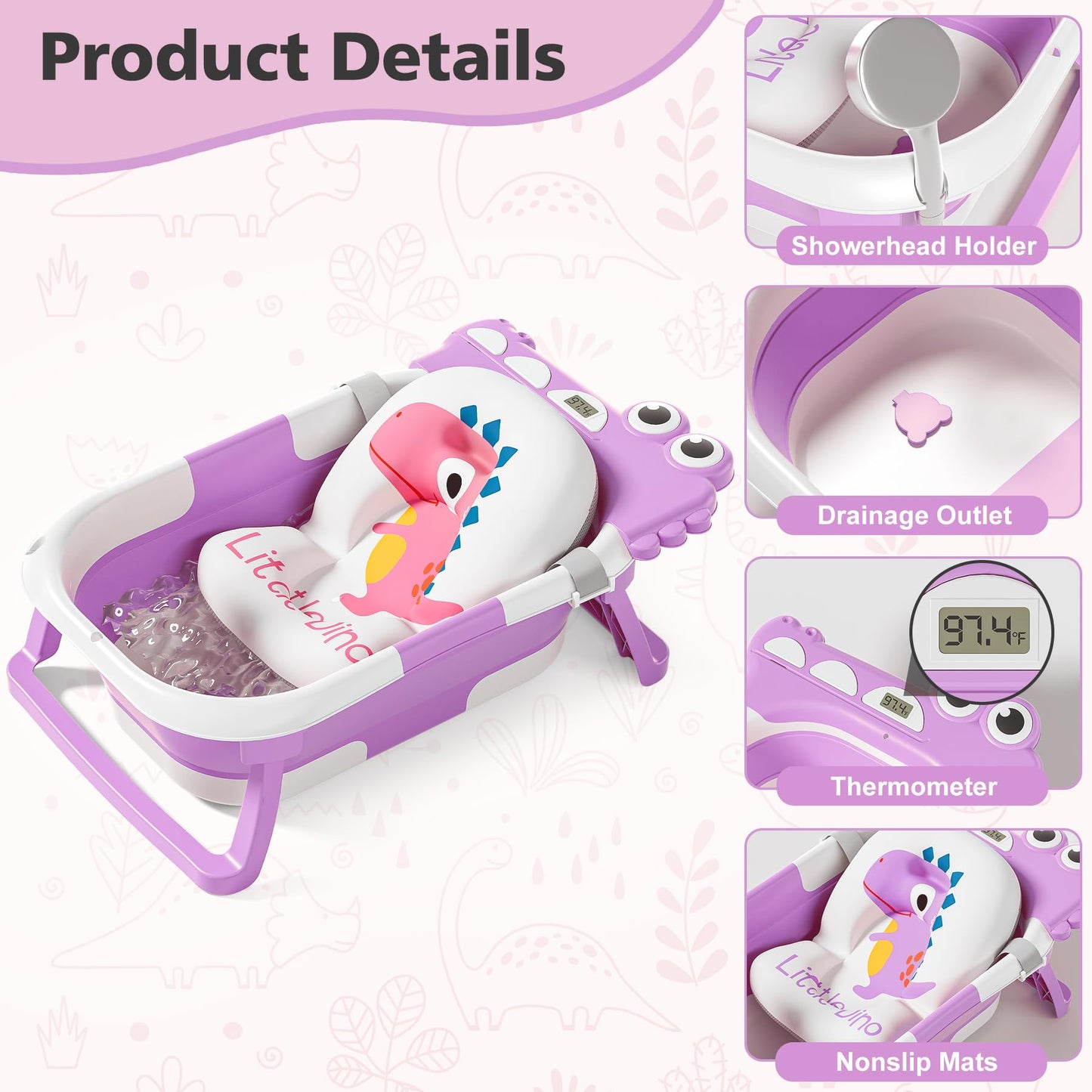 Collapsible Baby Bathtub for Newborn, Foldable Baby Bath Tub with Thermometer & Soft Floating Cushion & Drain Hole, Portable Travel Infant Bath Tubs for Newborns to Toddler 0-36 Months Girl, Pink