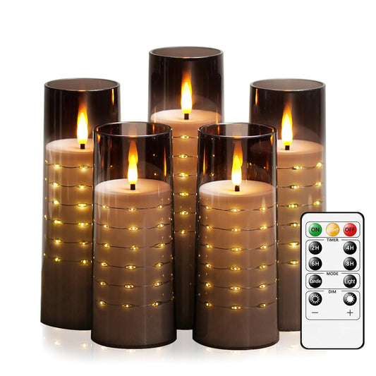 Flameless Candles with Embedded Star String - Flow Flicker Battery LED Candles, Realistic Flame,White Set of 5 | Holiday Decoration, Wedding, Party Adding to The Family Atmosphere