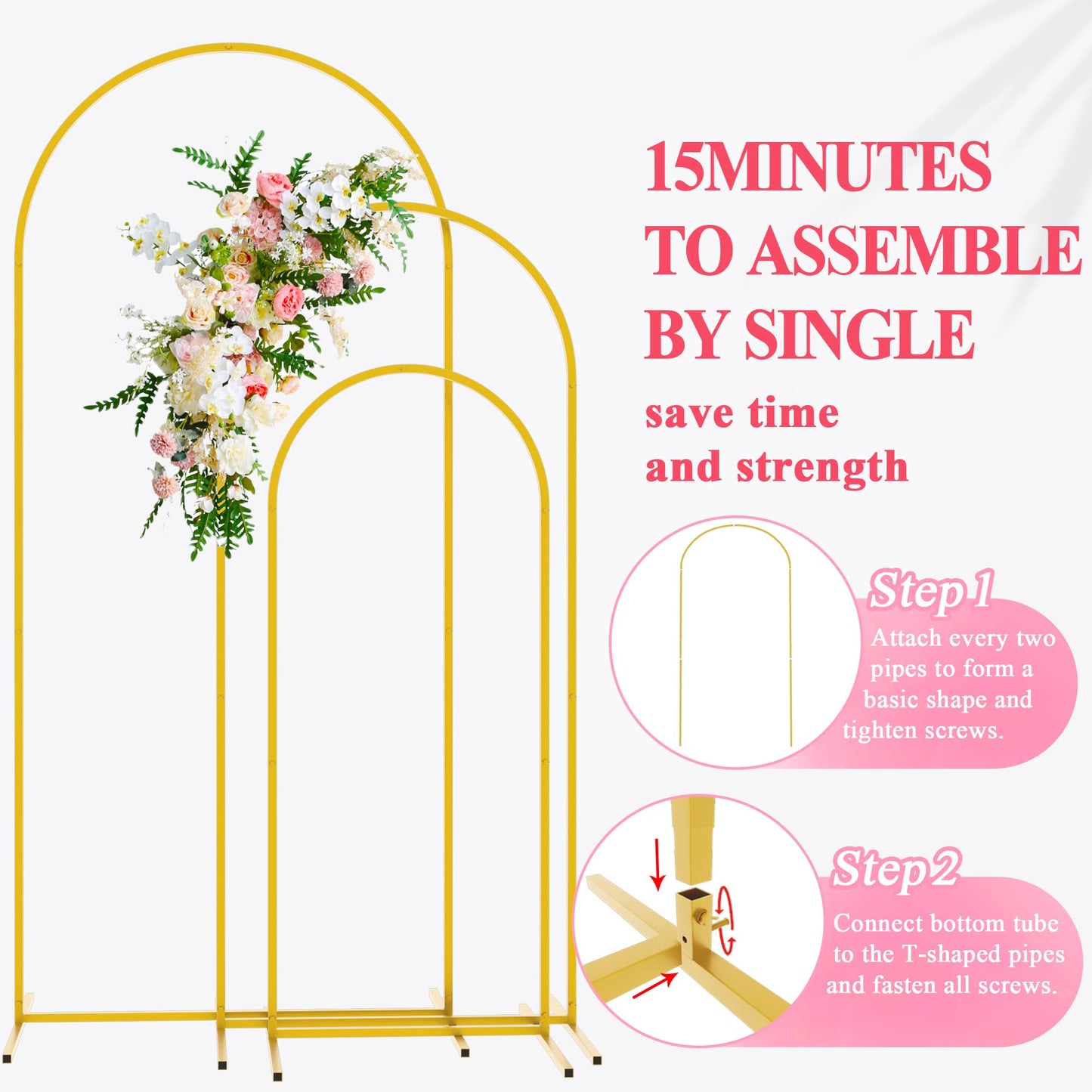 Wokceer Wedding Arch Backdrop Stand 6FT, 5FT, 4FT Set of 3 Gold Metal Arch Stand for Wedding Ceremony Baby Shower Birthday Party Decor