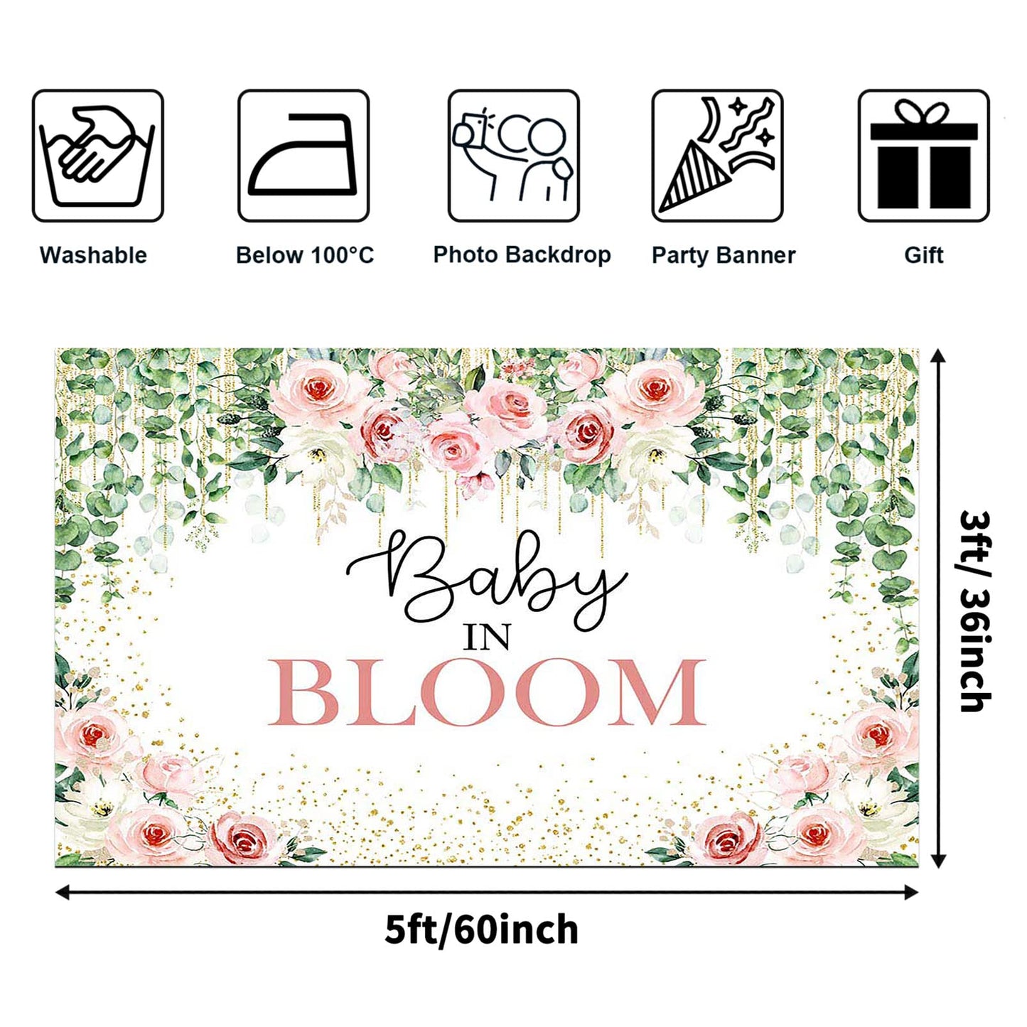 Avezano Baby in Bloom Backdrop Sage Green Leaves with Pink Flowers Baby Shower Party Decorations Baby Girl's Greenery Floral Nature Theme Photography Background Cake Table Banner (6x5ft(72x60in))