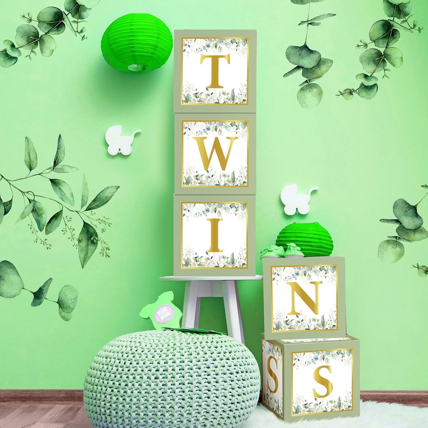 Marspark 5 Pcs Twins Baby Shower Boxes Decorations Supplies Sage Green Baby Boxes for Twins Balloon Boxes Gender Reveal Baby Shower Birthday Party Favors