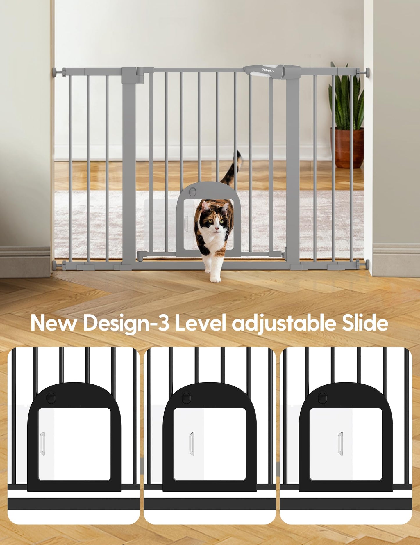 Babelio Upgraded Baby Gate with Cat Door, 29-43" Auto Close Durable Dog Gate for Stairs, Doorways and House, Easy Walk Thru Safety Gate with Pet Door Includes 4 Wall Cups, Black