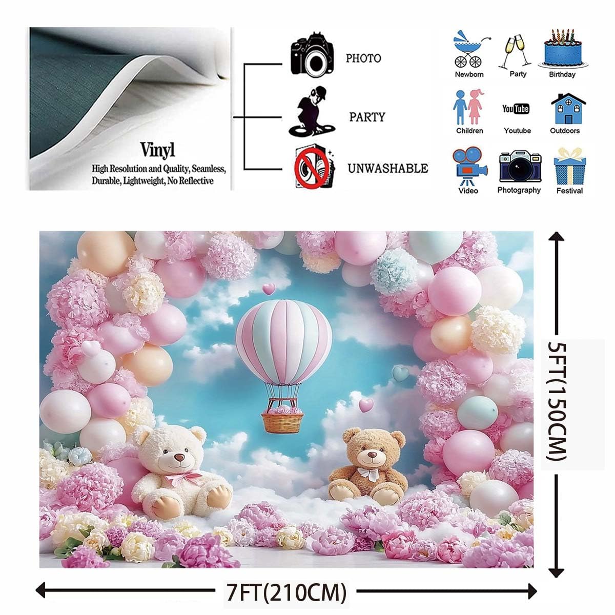 Pink Bear Hot Air Balloon Backdrop Girl Bear Balloons Baby Shower Background Girl 1st Birthday Party Banner Newborn Baby Shower Party Cake Table Decoration Photo Booth Props(Pink, 7x5ft)