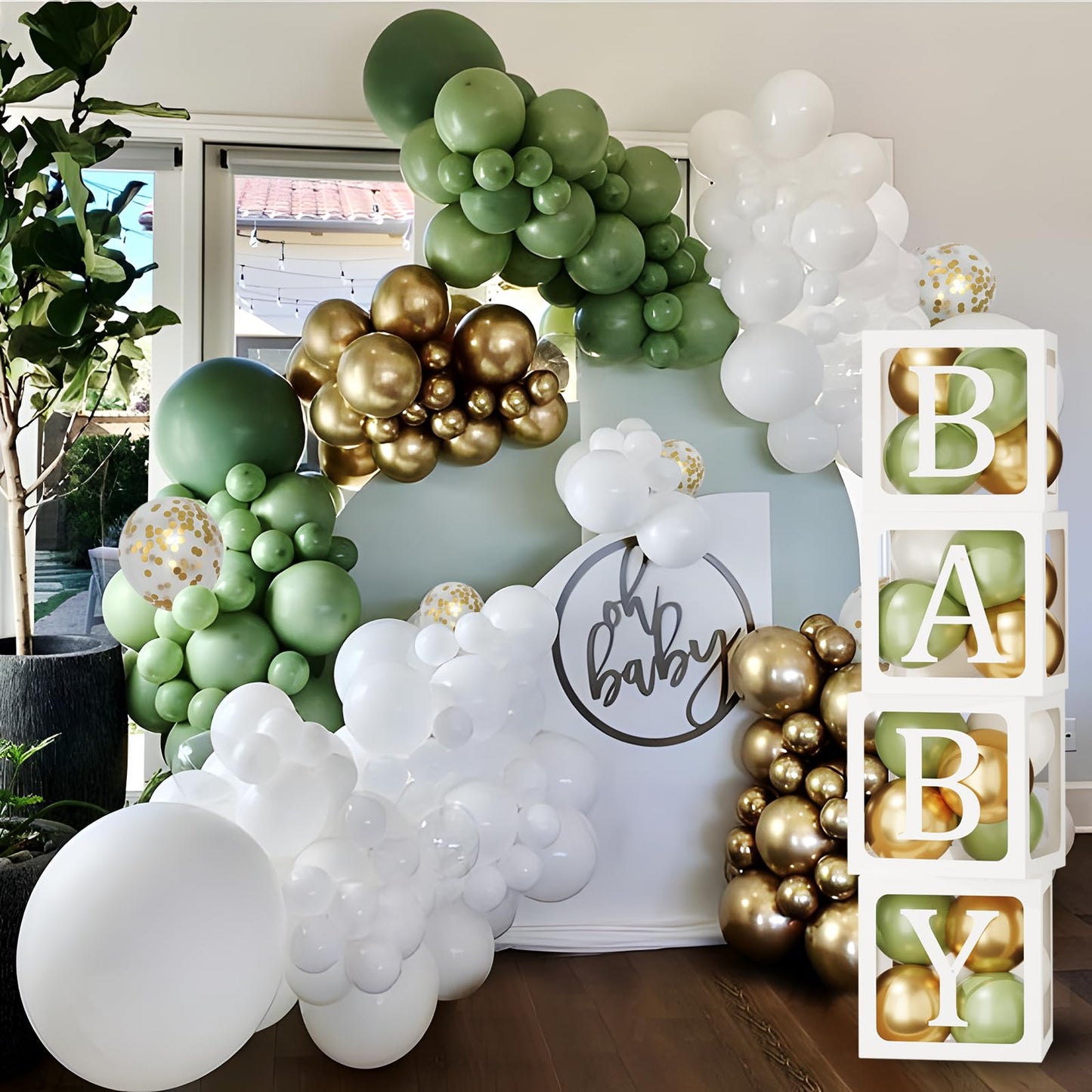 Baby in Bloom Baby Shower Decorations - 116pcs Pink and Sage Green Balloon Arch Kit, BABY in Bloom Backdrop and Baby Boxes with Letters for Pink Floral Baby Shower Decorations for Girl