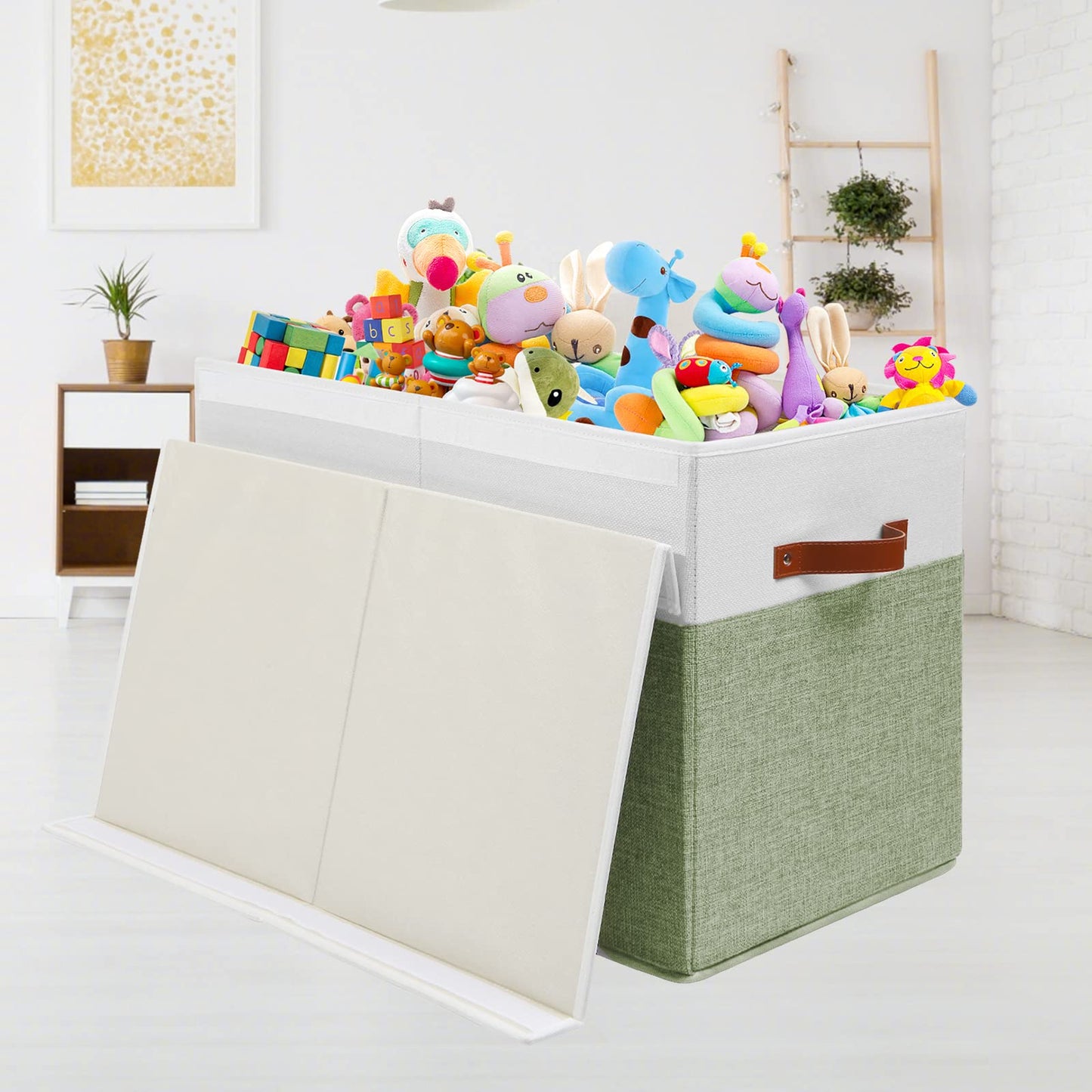 Large Toy Storage Box with Lid, Sturdy Toys Storage Chest Bin Organizer Basket with Dividers for Kids, Boys, Girls, Nursery, Closet, Bedroom, Playroom 25"x13" x16" (Beige and White)