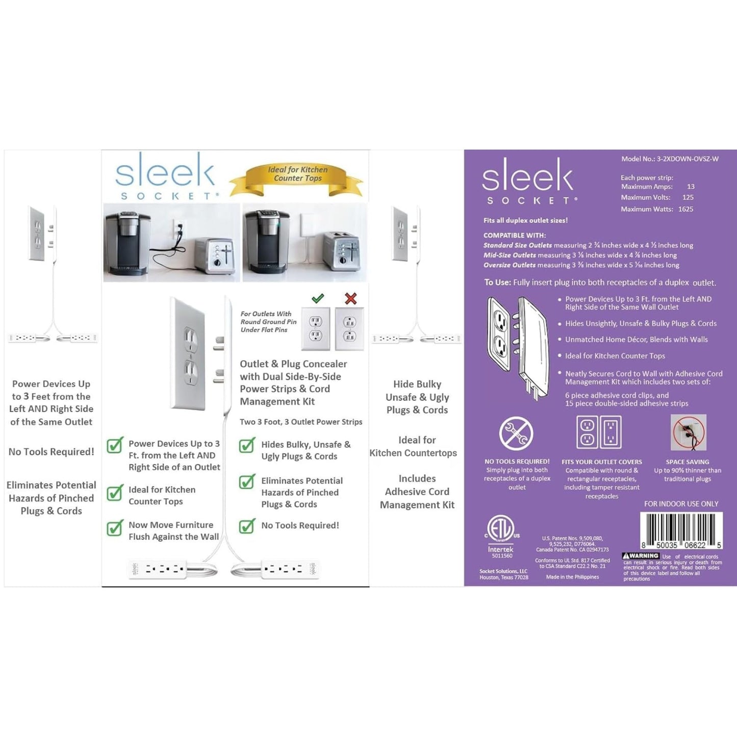 Sleek Socket Original & Patented Ultra-Thin Outlet Concealer with Cord Concealer Kit, Flat Extension Cord with Multi Outlets Power Strip, Ideal for Home Improvement, Hide Bulky and Messy Cords