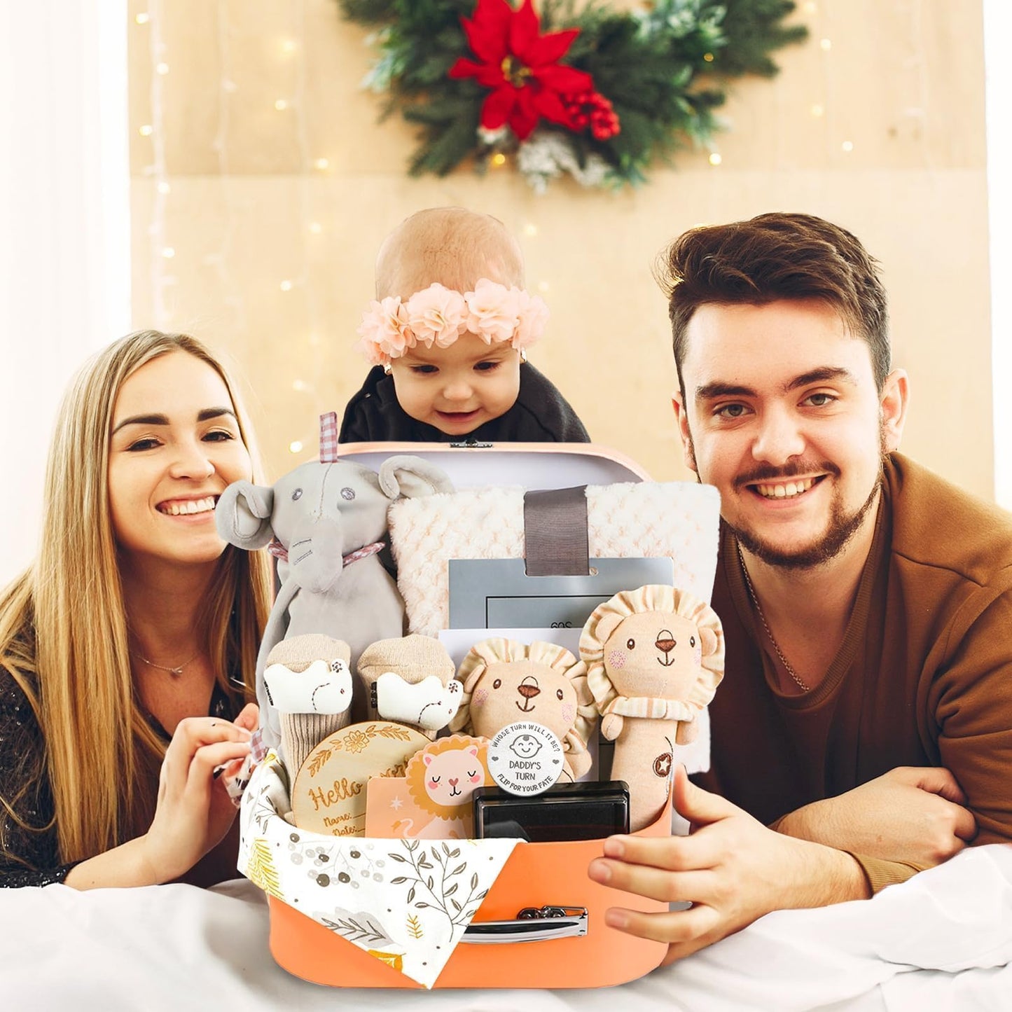 11 Pcs Baby Shower Gifts Basket for Newborns Baby Boy Gender Neutral Baby Gift Set with Baby Blanket Rattle, Milestone Security Blanket Decision Coin & Towels Socks Essentials for Baby Boys Girls
