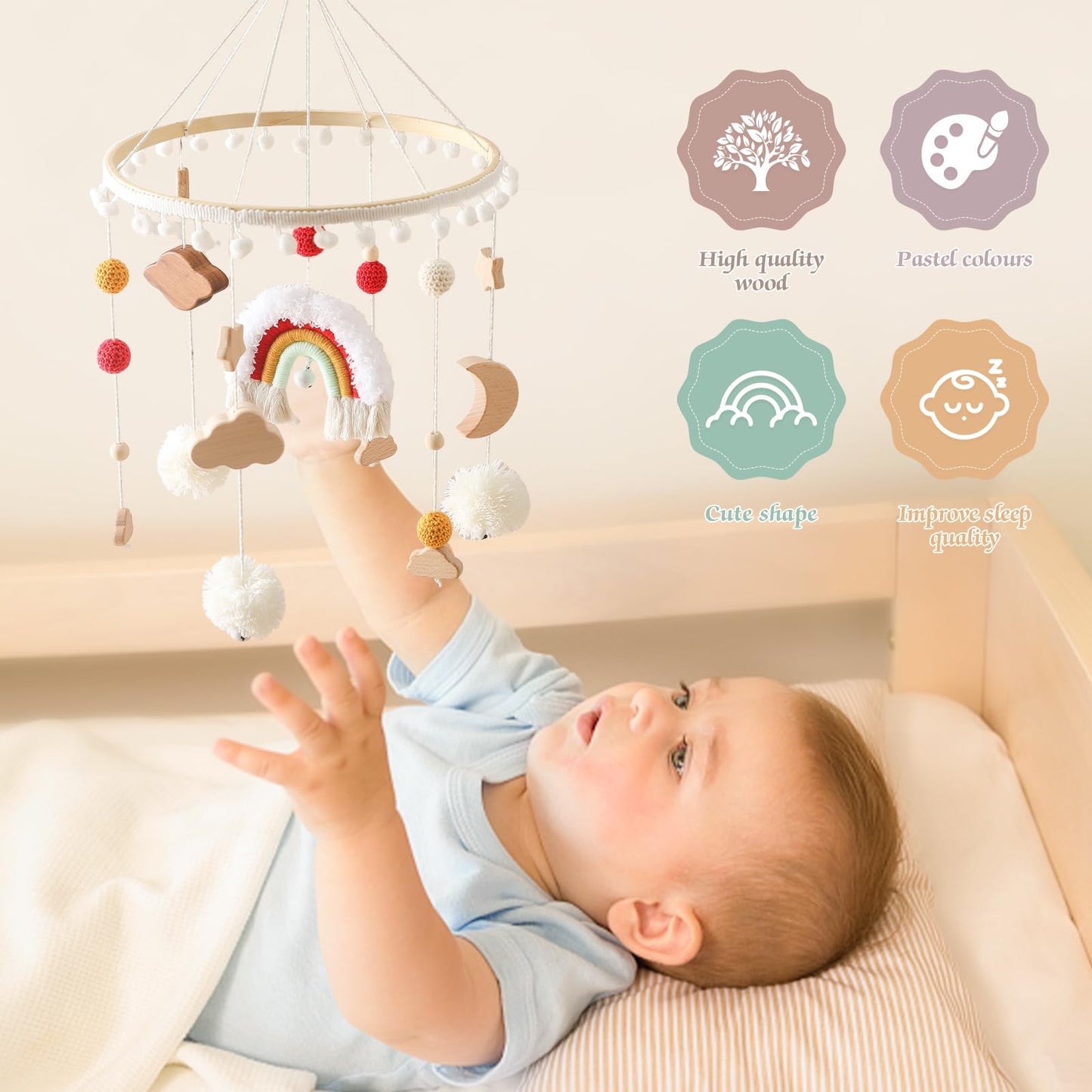 Baby Crib Mobile for Boys Girls| Boho Nursery Mobile| Gender Neutral Hand-Crocheted Mobile| Ceiling Mobile - Stars, Clouds, Moon