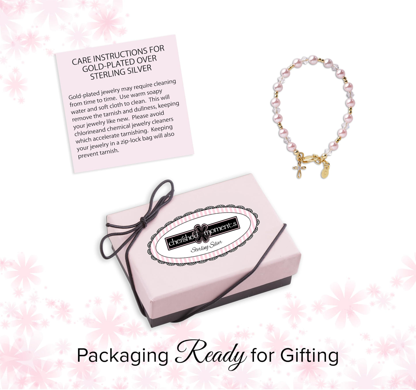 Cherished Moments Children's 14K Gold-plated Bracelet with Pink High-End Simulated Pearls and Cross or Heart Charm for Baptism, Christening or First Communion Gift for Girls
