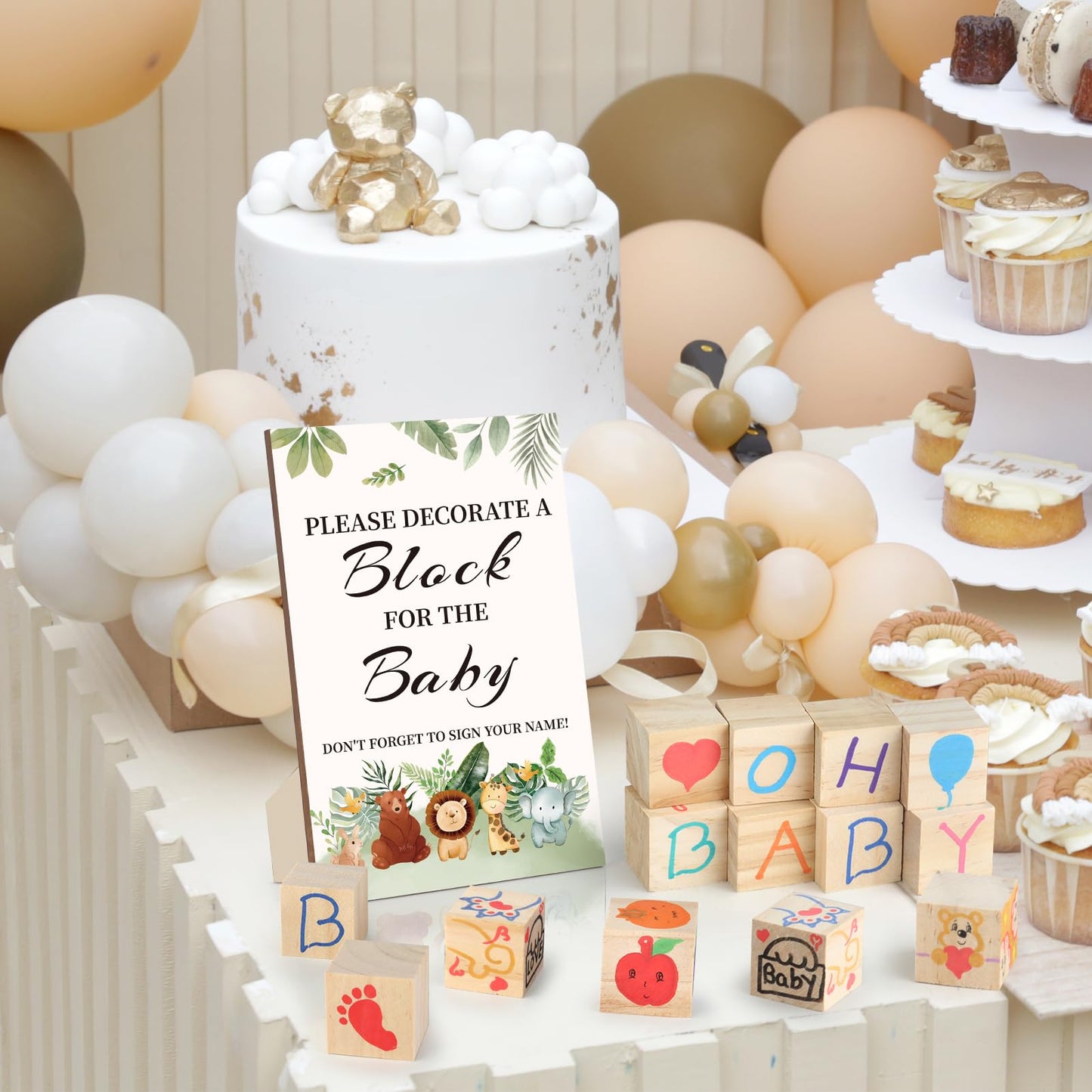 Baby Shower Games Sign Kit with 50 Blank Wooden Baby Blocks, 24 Acrylic Paint Marker and Wooden Sign, Blocks for Baby Shower, Gender Reveals Party(Green)