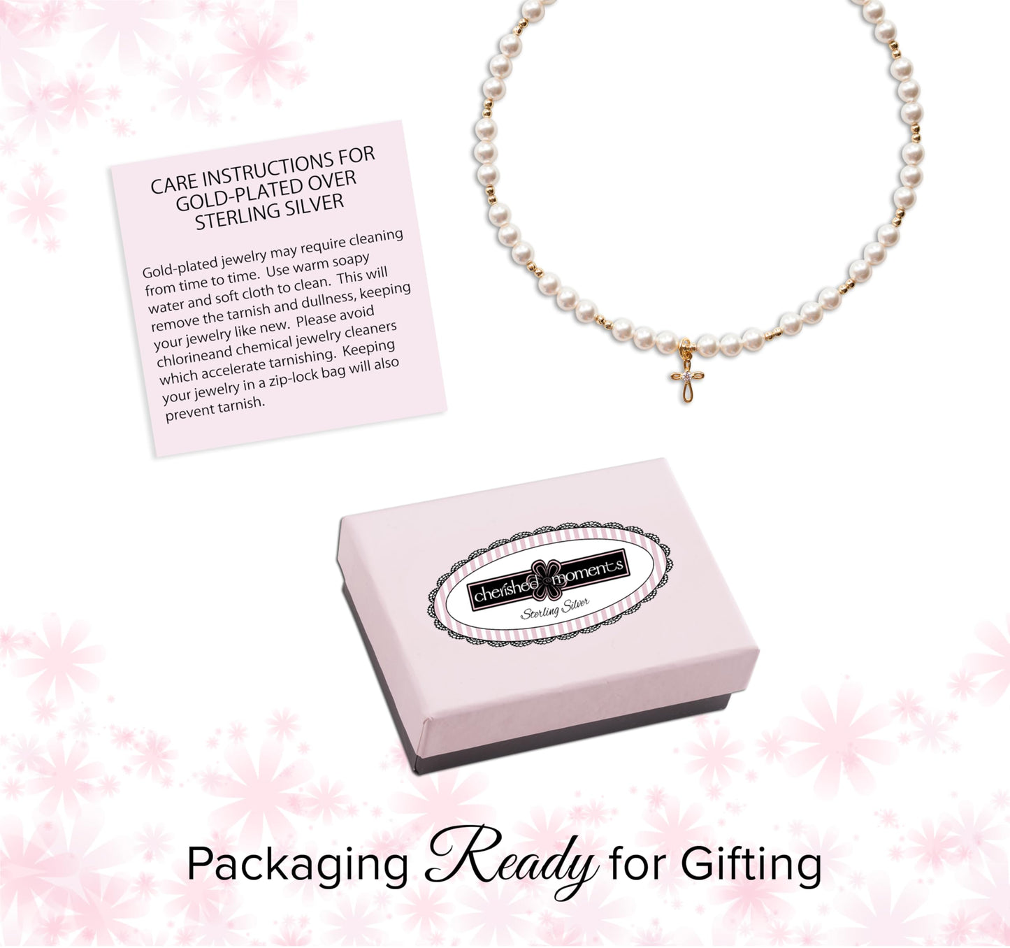 Cherished Moments Children's 14K Gold-plated Bracelet and/or Necklace with High-End Simulated Pearls and Cross Charm for Baptism, Christening or First Communion Gift for Girls