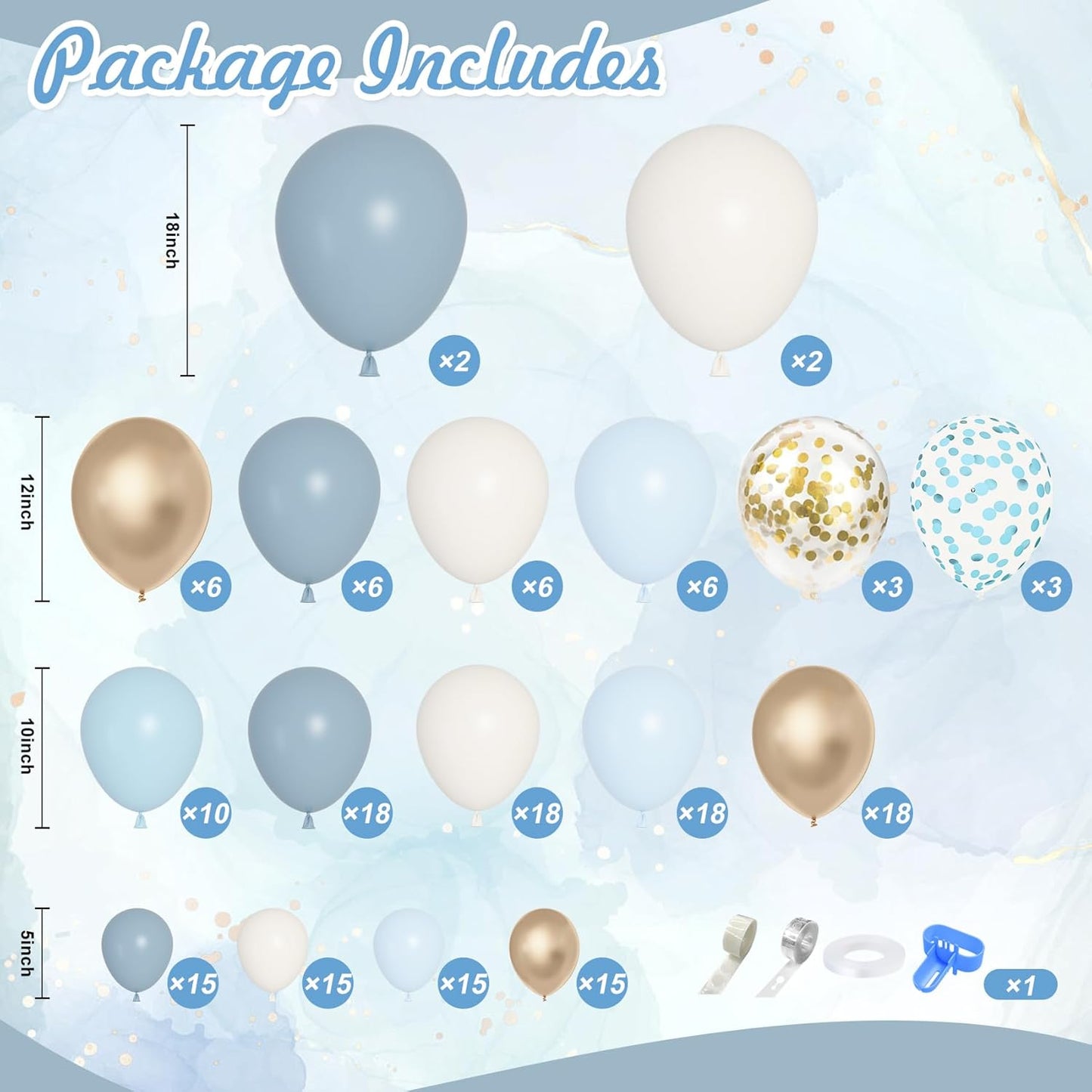 Ouddy Life 180pc Dusty Baby Balloons Arch Garland Kit, Blue Baby Shower Decorations Boy with Fog, Sand, White, Chrome, Gold, Champagne Balloons for Birthday, Boho, Bridal Shower Party Decor