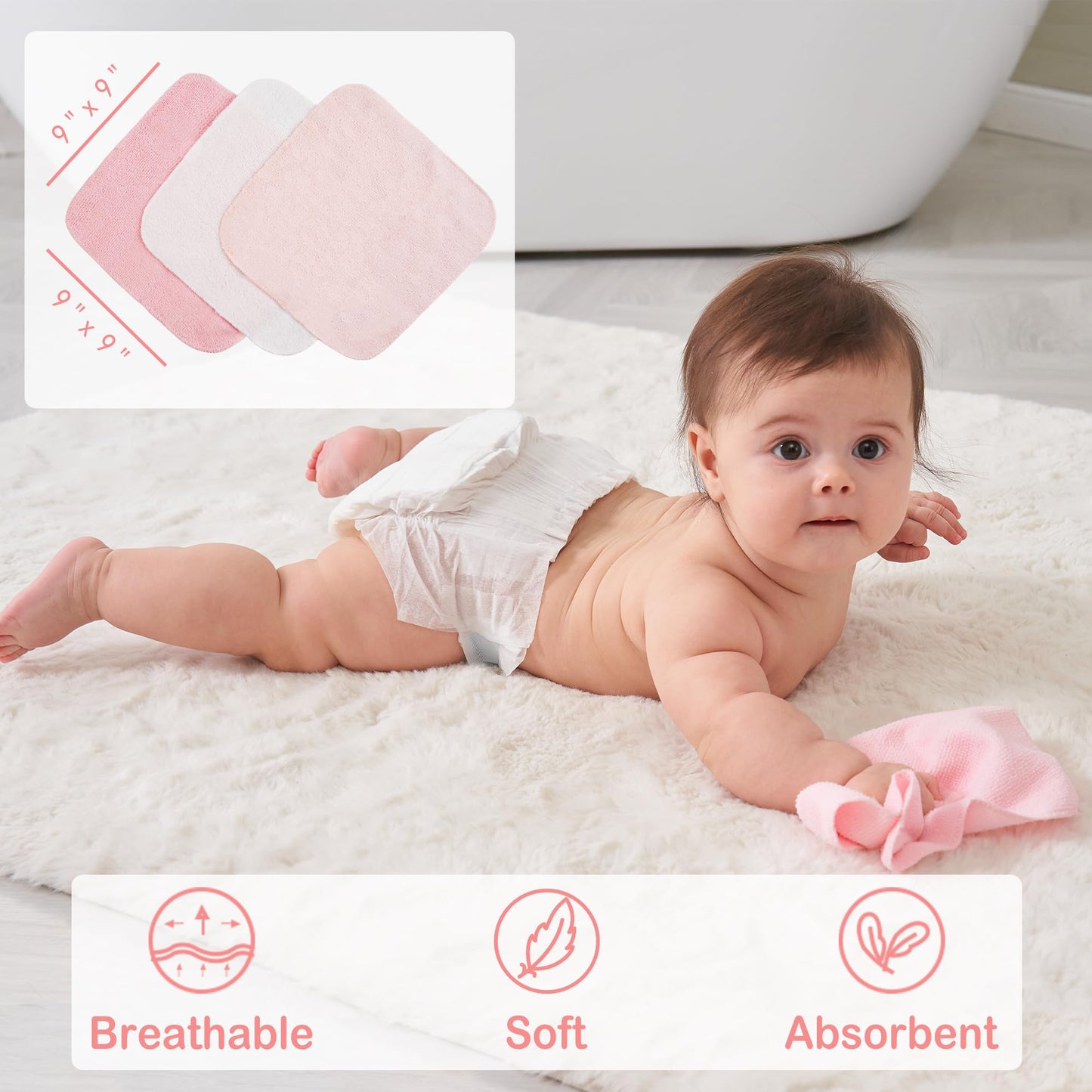 Viviland Baby Towels and Baby Wash Cloths Set Hooded Baby Towels Baby Wipes Absorbent Bath Face Towels Burp Cloths or Face Towels for Girl Boy 6-Pack Size 28 x 28 Inch(Elephant Flower)