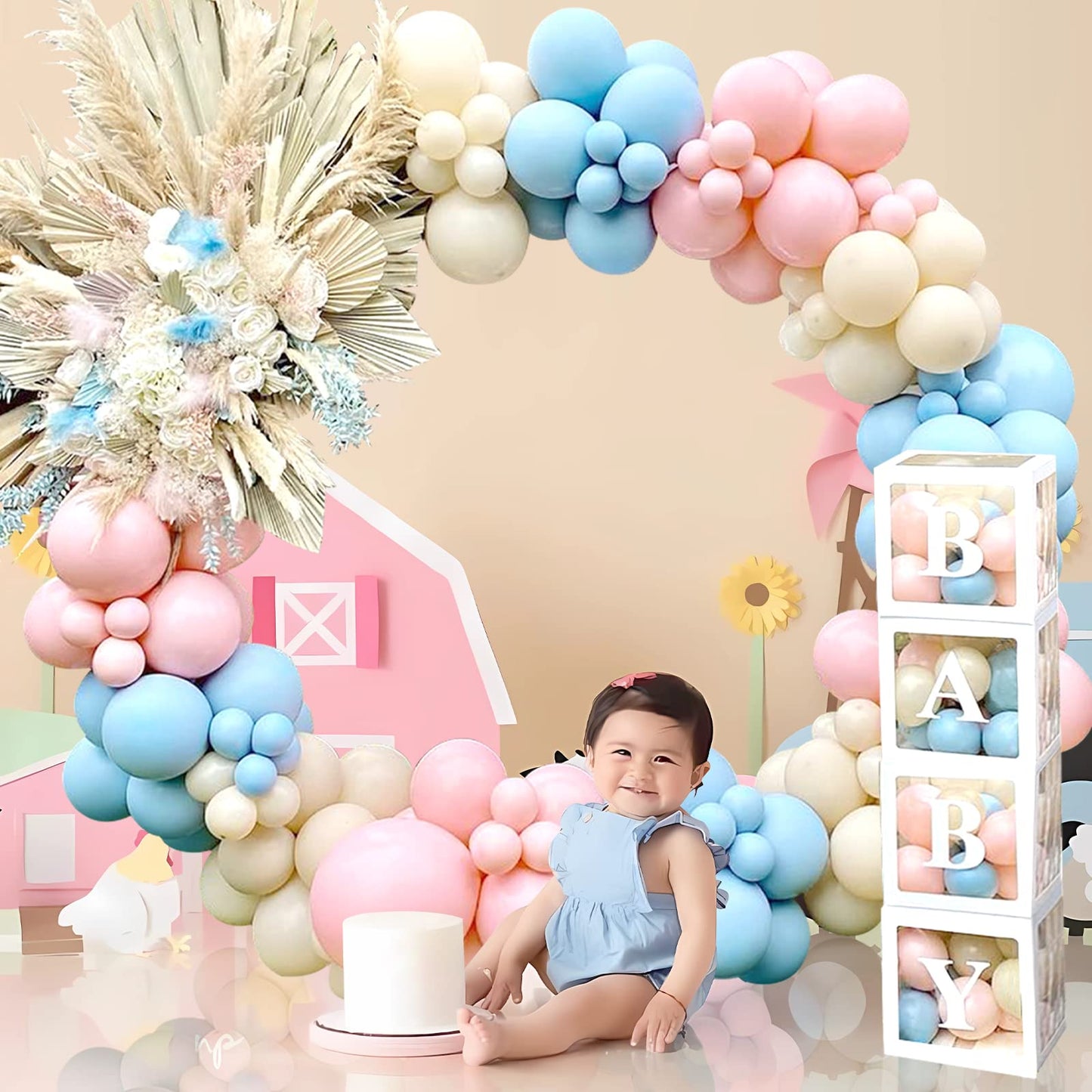 Baby in Bloom Baby Shower Decorations - 116pcs Pink and Sage Green Balloon Arch Kit, BABY in Bloom Backdrop and Baby Boxes with Letters for Pink Floral Baby Shower Decorations for Girl
