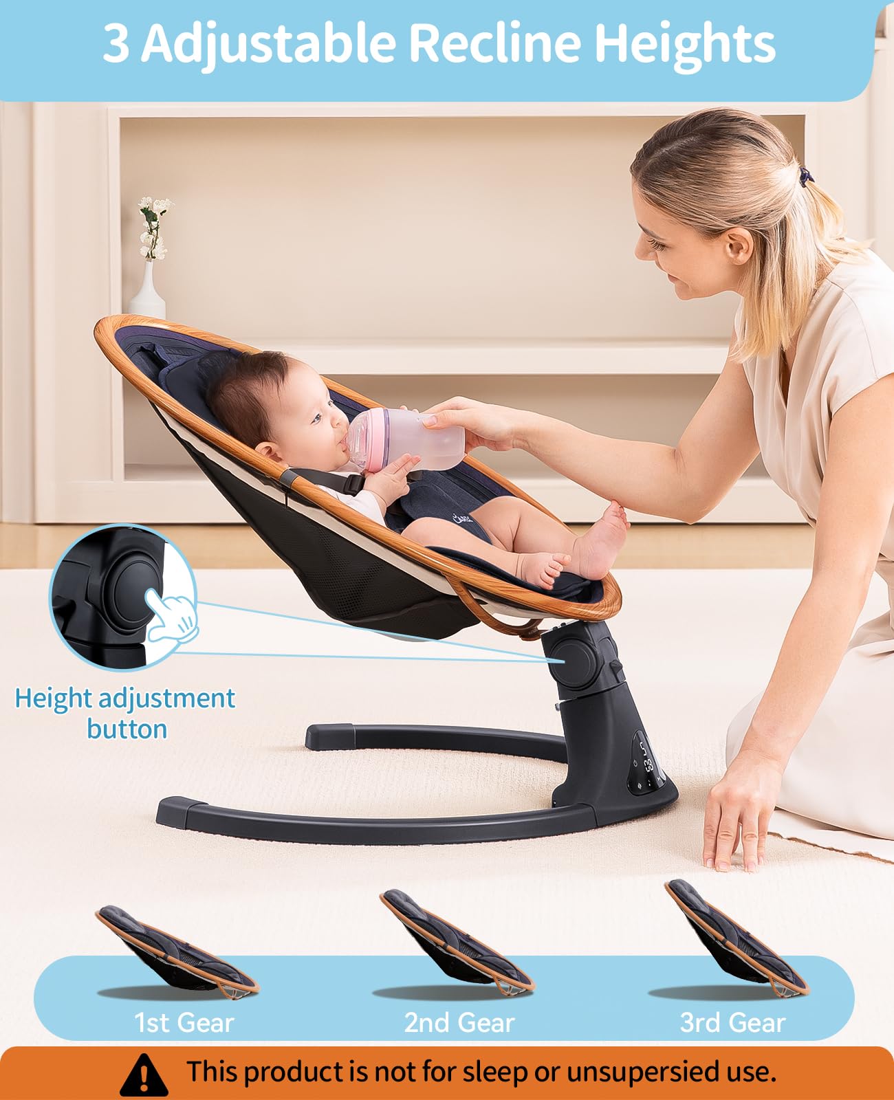 LAREX Baby Swing to Toddler Electric Infant Swing Portable for Newborn Boy Girl, 5 Sway Speeds with Remote Control, 12 Preset Melodies and Bluetooth, 0-6 Months Max 20 Lbs(Dark Wood Grain)