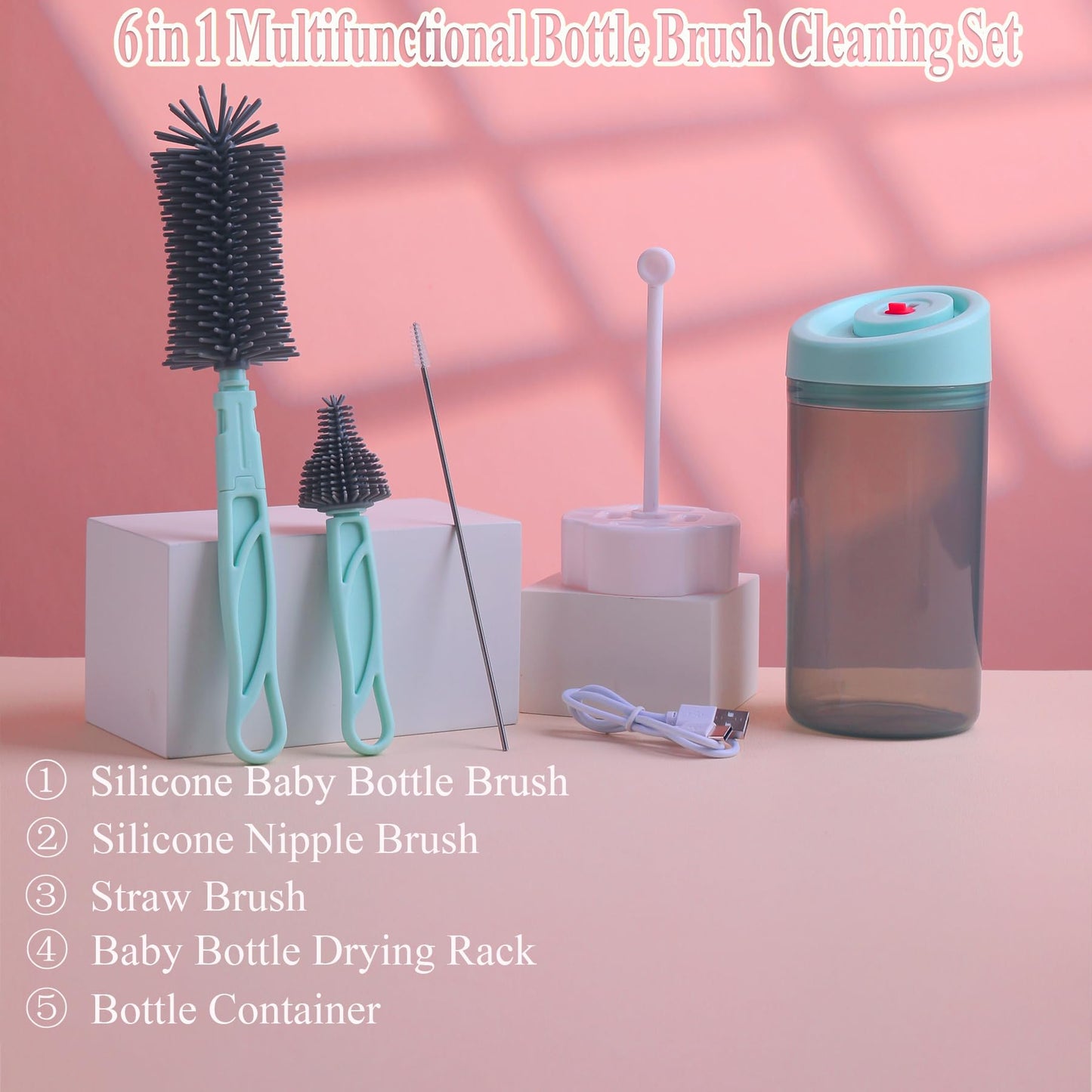 Baby Bottle Brush Set,Travel Baby Bottle Cleaner Kit,Silicone Bottle Brush with Stand Holder, Bottle Drying Rack,Babyshower Gifts for New Mom