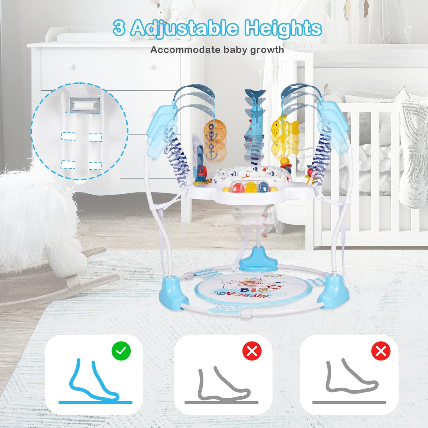 Baby Activity Center, Infant Jumpers and Bouncers with Music, Lights, Infant Toys, 360°Rotating Seat, 3 Adjustable Heights, Baby Play and Learning Center for 6+ Months