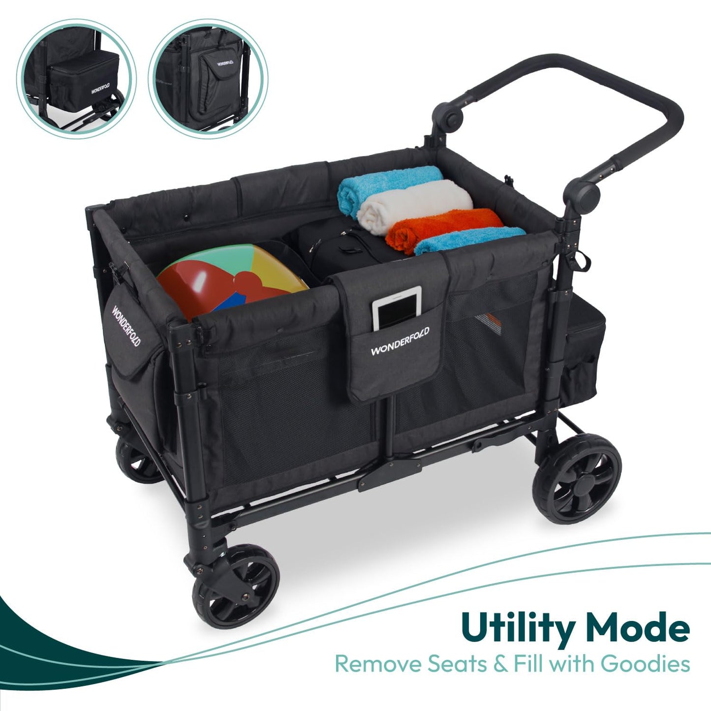 WONDERFOLD W4 Original Stroller Wagon (4 Seater) - Collapsible Wagon Stroller with Seats with 5-Point Harnesses, Easy Access Zipper Door, and Removable Sun Canopy, Black