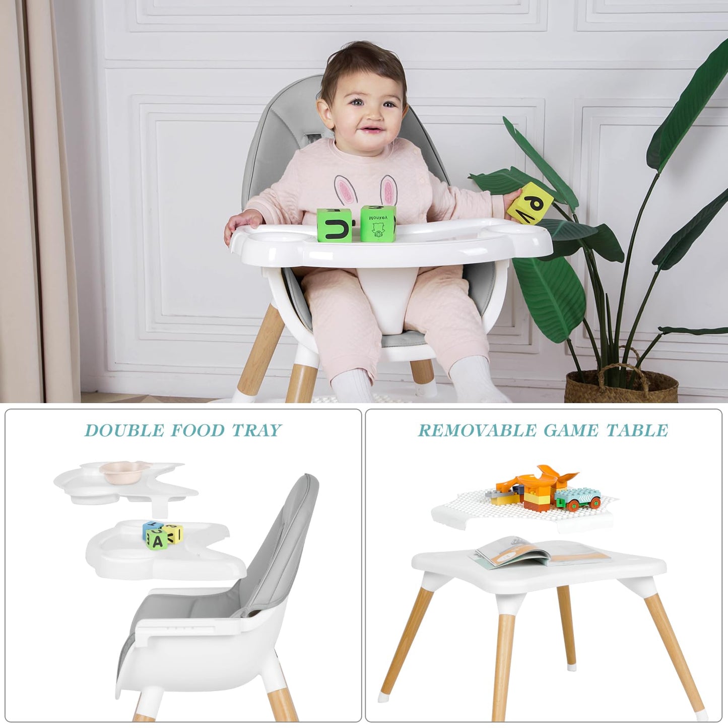 High Chair for Babies & Toddlers, Convertible Wooden 6 in 1 Baby Highchair, Table and Chair Set, Building Block Table, 5-Point Adjustable Seat Belts, 4-Position Removable Tray& PU Seat Cushion (Black)