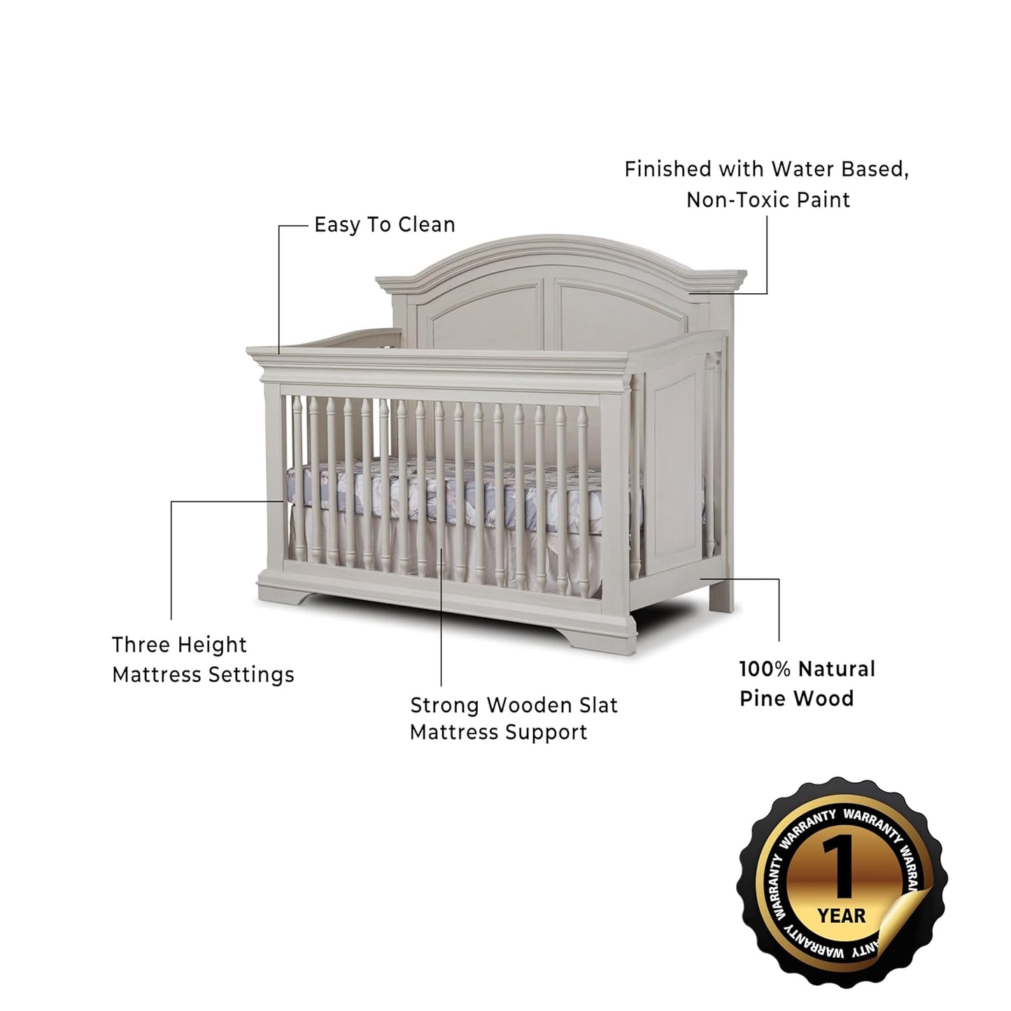 Sorelle Furniture High Arch Portofino Crib, Classic 4-in-1 Convertible Crib, Crib Made of Wood, Wooden Baby Bed, Toddler Bed, Child’s Daybed and Full-Size Bed, Nursery Furniture-Brushed Ivory
