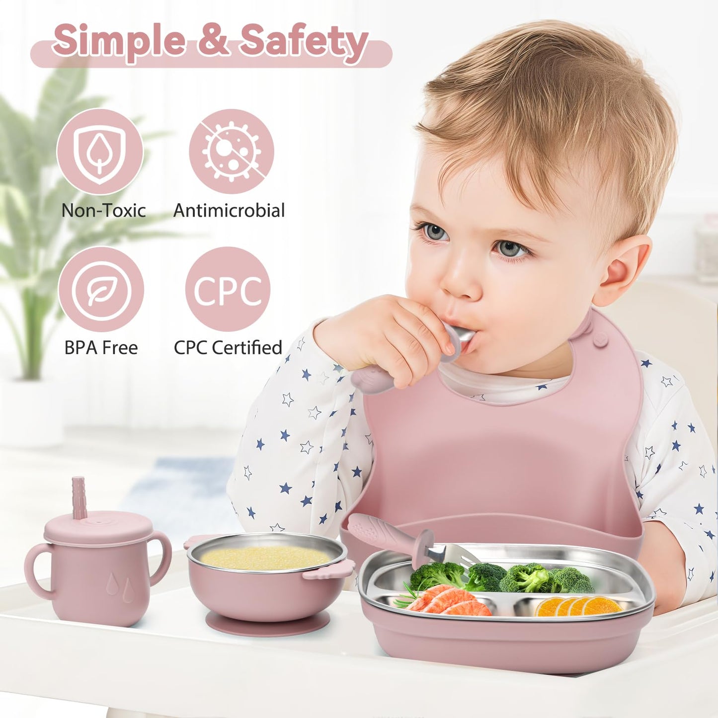 Baby Weaning Bundle, Silicone Baby Feeding Set, Comes with Detachable Silicone Stainless Steel Toddlers Plate and Bowl set, Baby Bib and 2-in-1 Water Cup and spoons (Blue)
