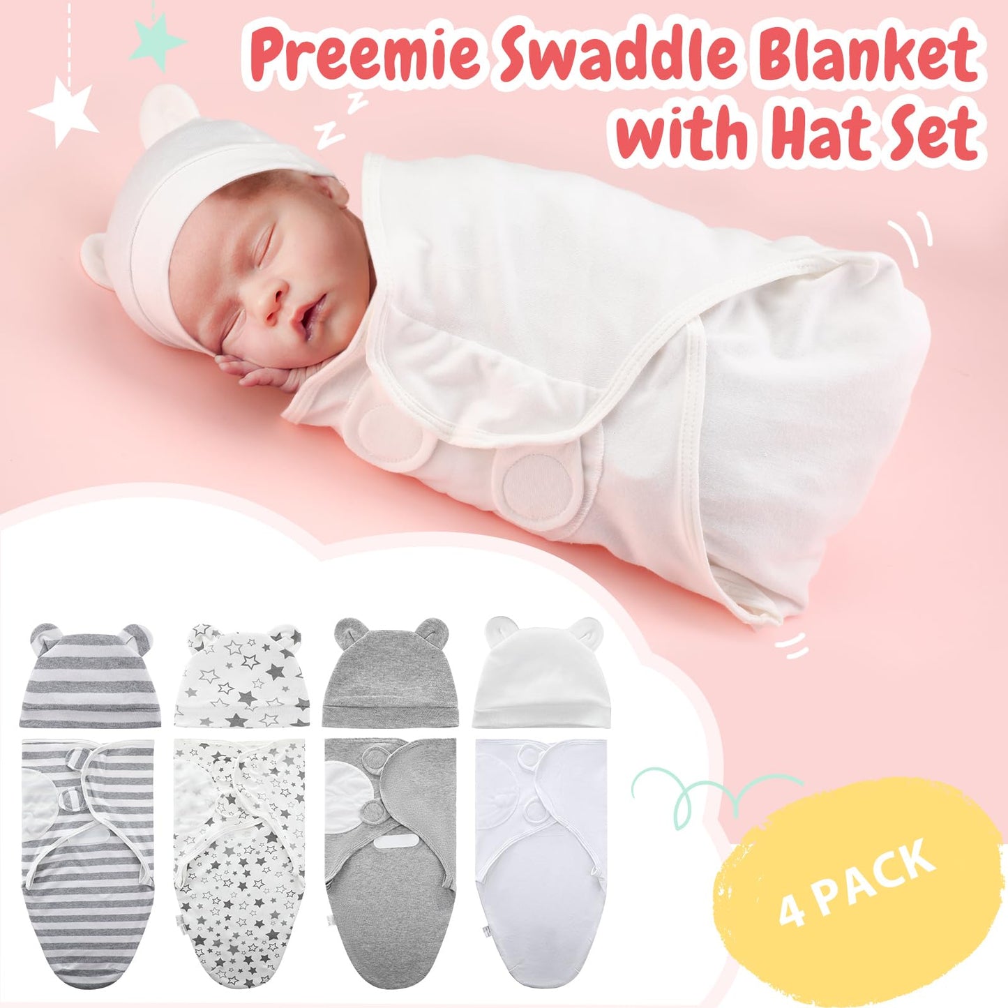 Buryeah 4 Pack Preemie Swaddle Blanket Wrap Set with Hat for Baby Boys Girls 3-7 Lbs Preemie Newborn Clothes Sleepers Cap