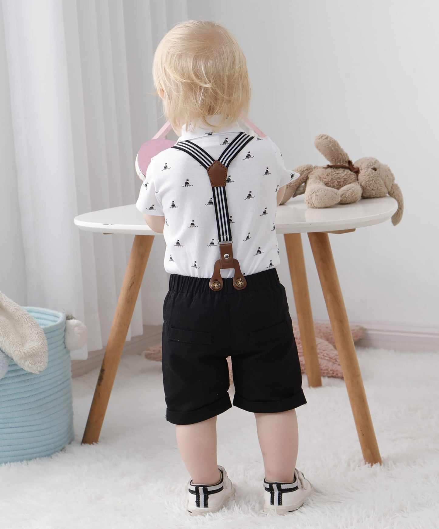 YUEMION Infant Baby Boy Clothes Gentleman Outfits Suits Summer Short Sleeve Bowtie Bodysuit Shirts + Suspender Shorts(0-24M)
